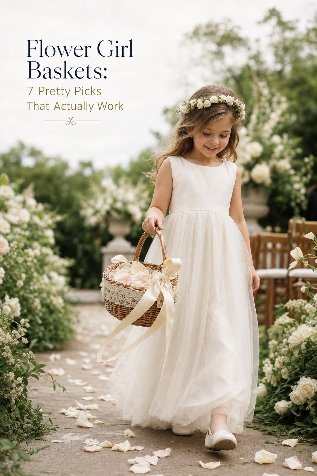 Flower girl baskets in a garden wedding aisle, wicker basket with ivory ribbon and blush petals in motion