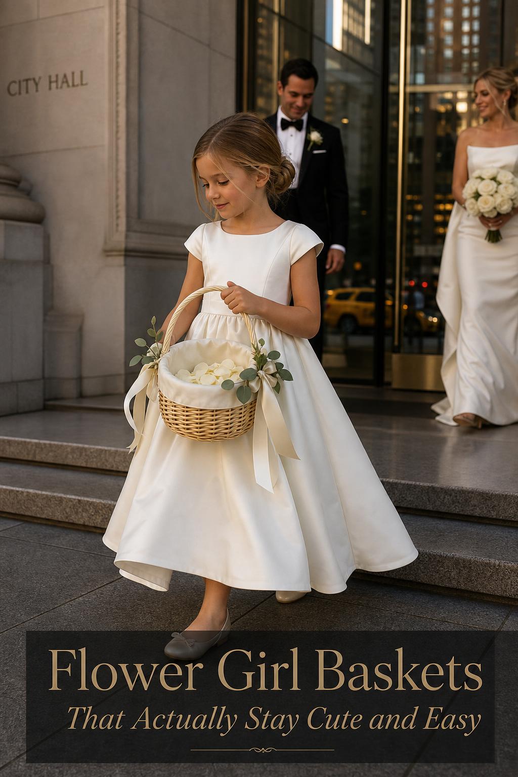 Flower Girl Baskets at modern city hall entrance, chic flower girl mid-step with ivory satin-lined wicker basket at golden hour