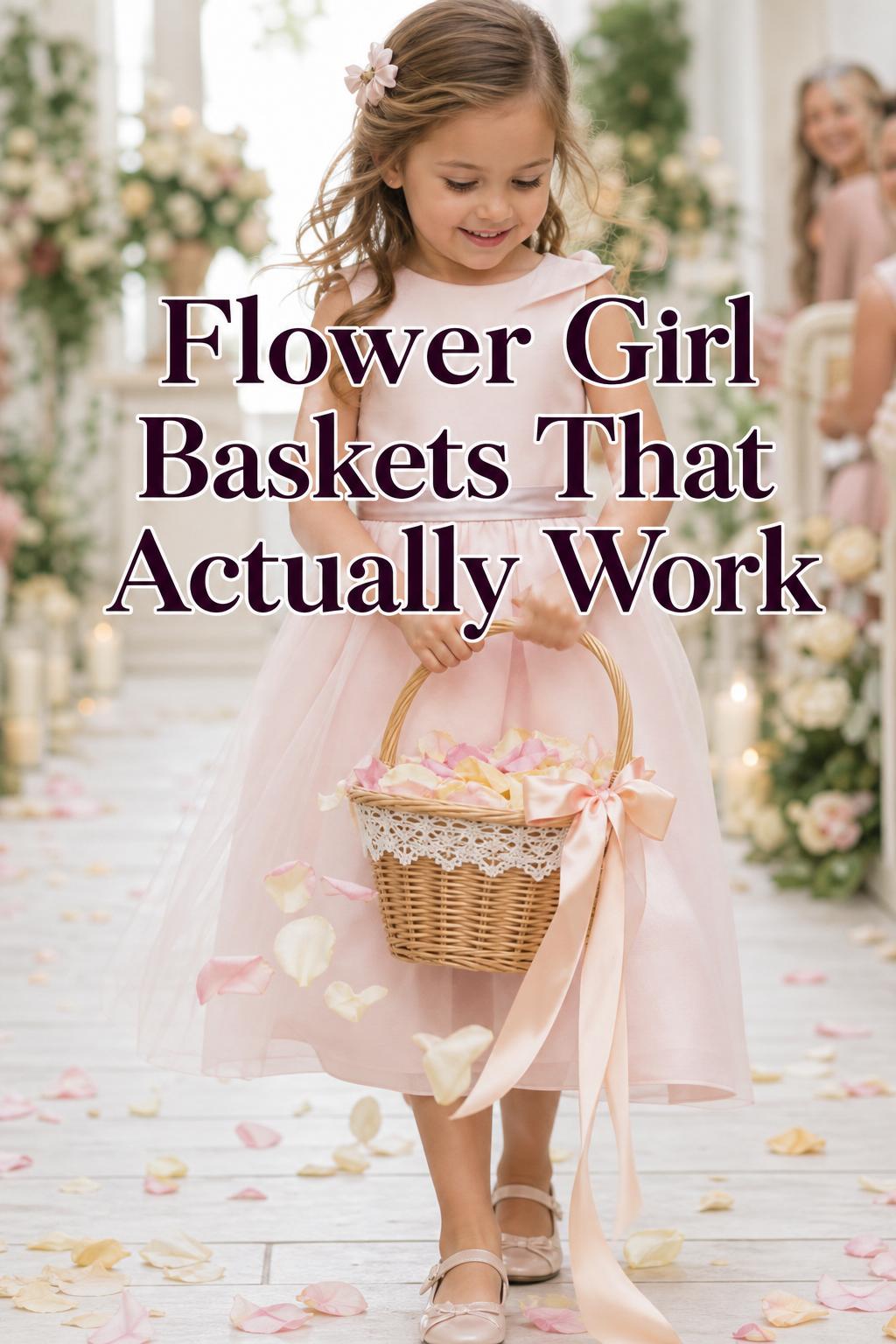 Flower Girl Baskets in a pastel wedding aisle, wicker basket with silk ribbon and petals spilling as the flower girl walks