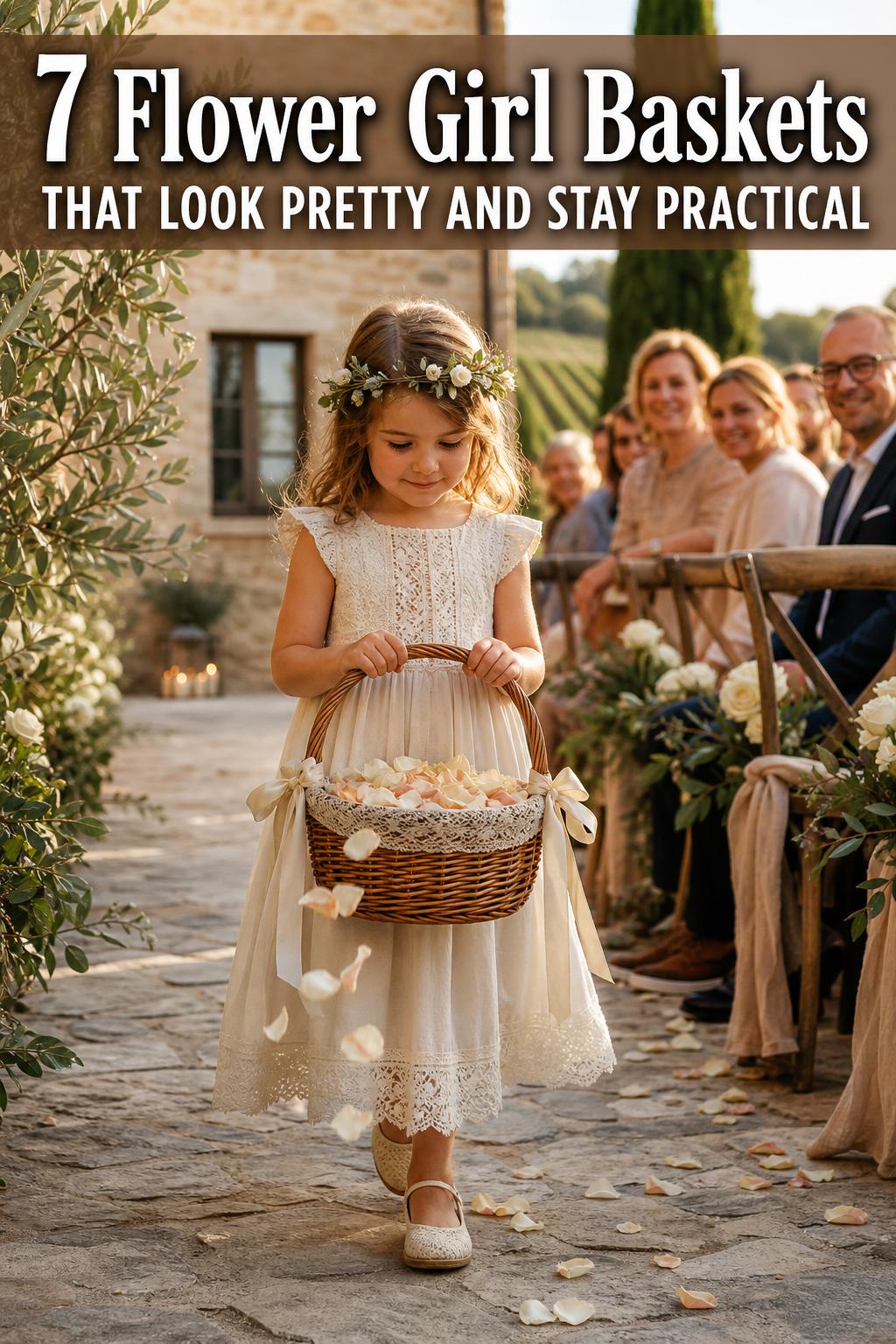 Flower Girl Baskets in a romantic wedding aisle setup with soft floral accents