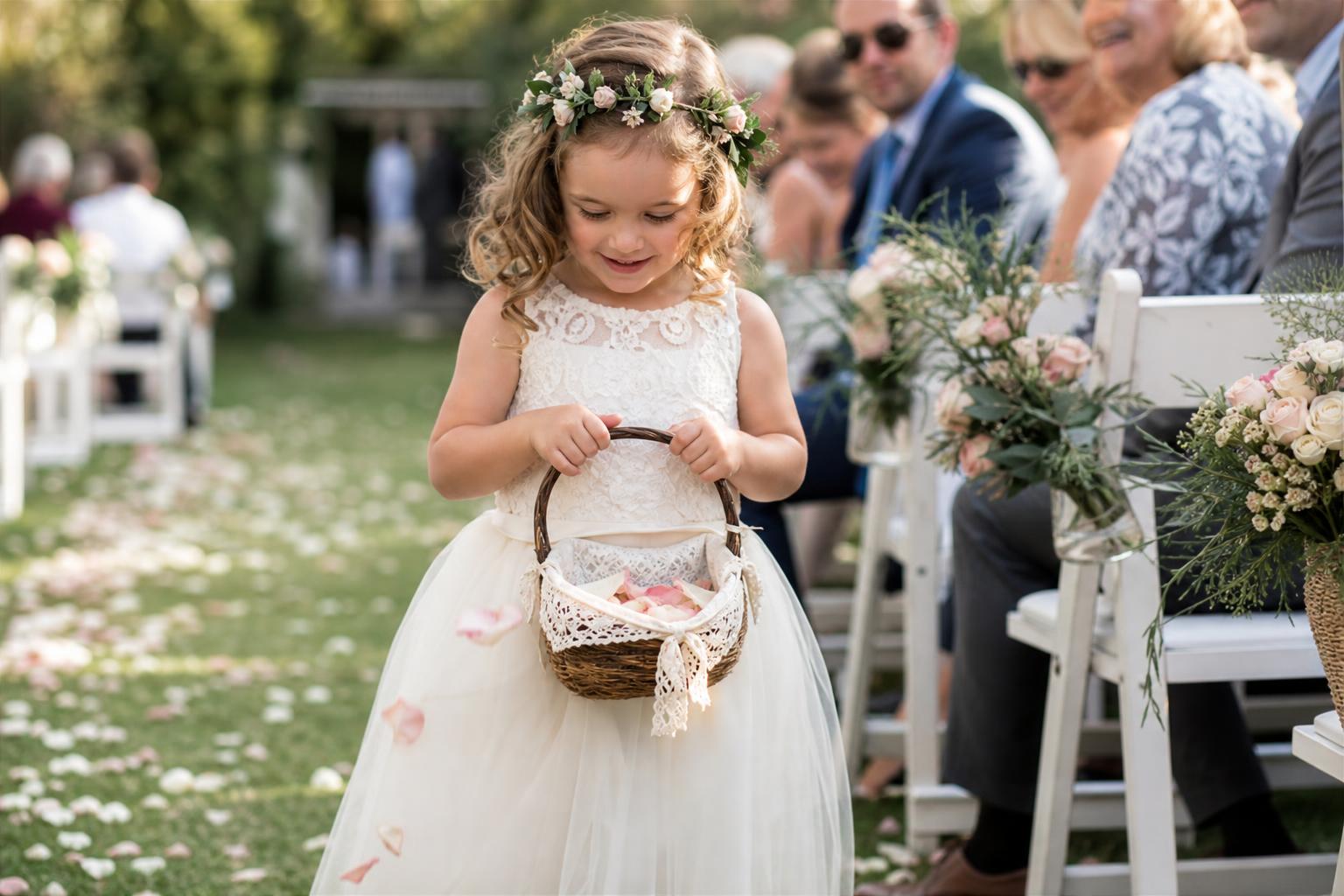 Flower girl baskets in satin, lace, and wicker displayed with soft ribbons for every wedding style