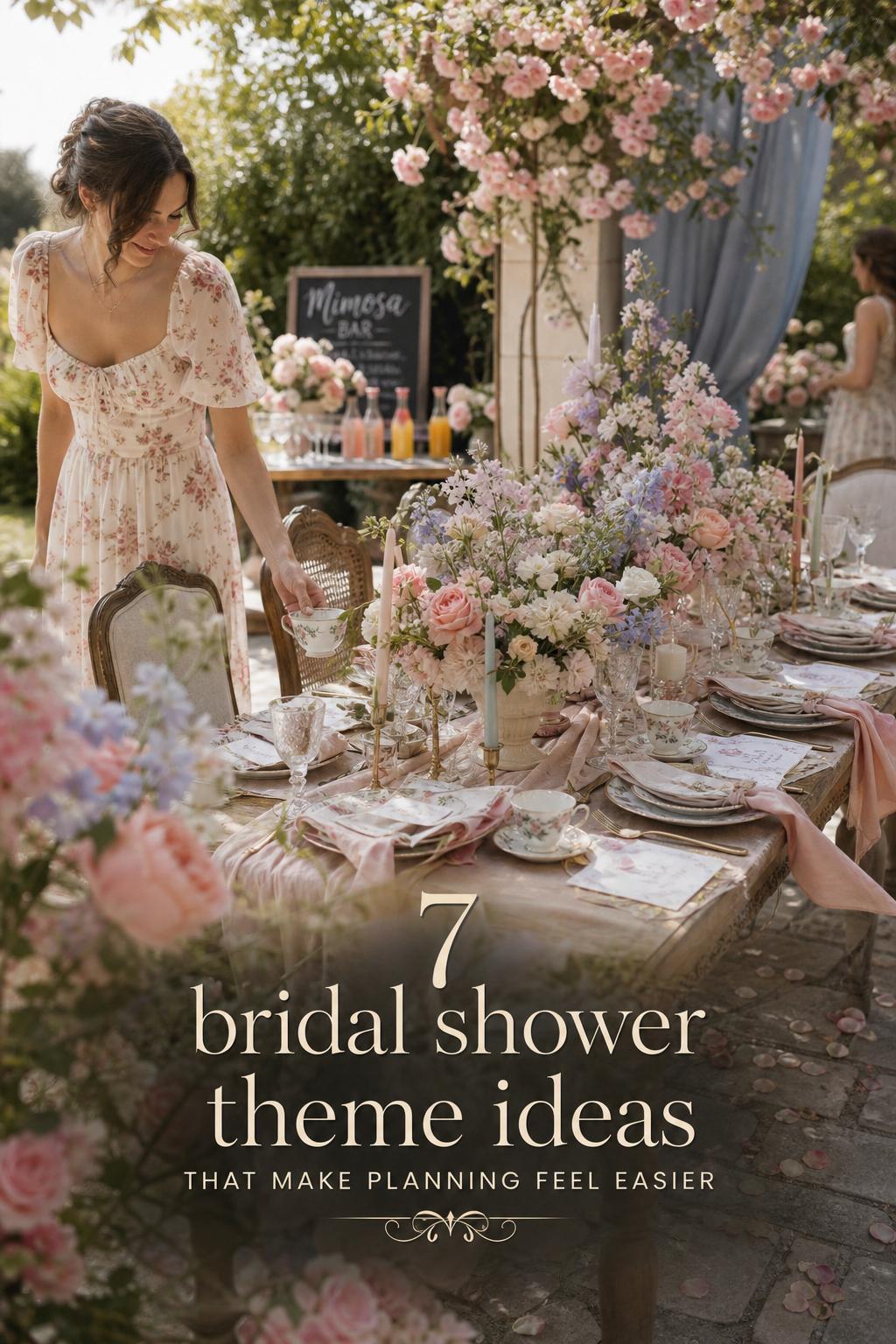 Elegant garden bridal shower tablescape with blush florals and vintage tea service for bridal shower theme ideas