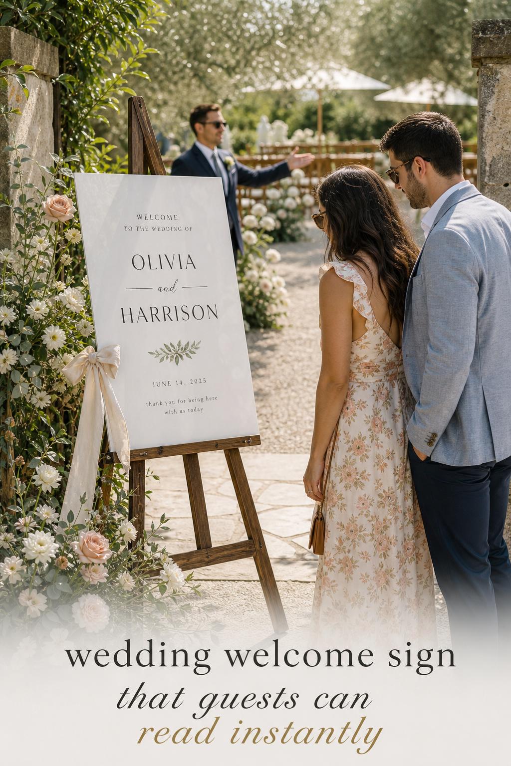 Wedding welcome sign on easel at garden ceremony entrance as guests arrive, with soft florals and clear readable text