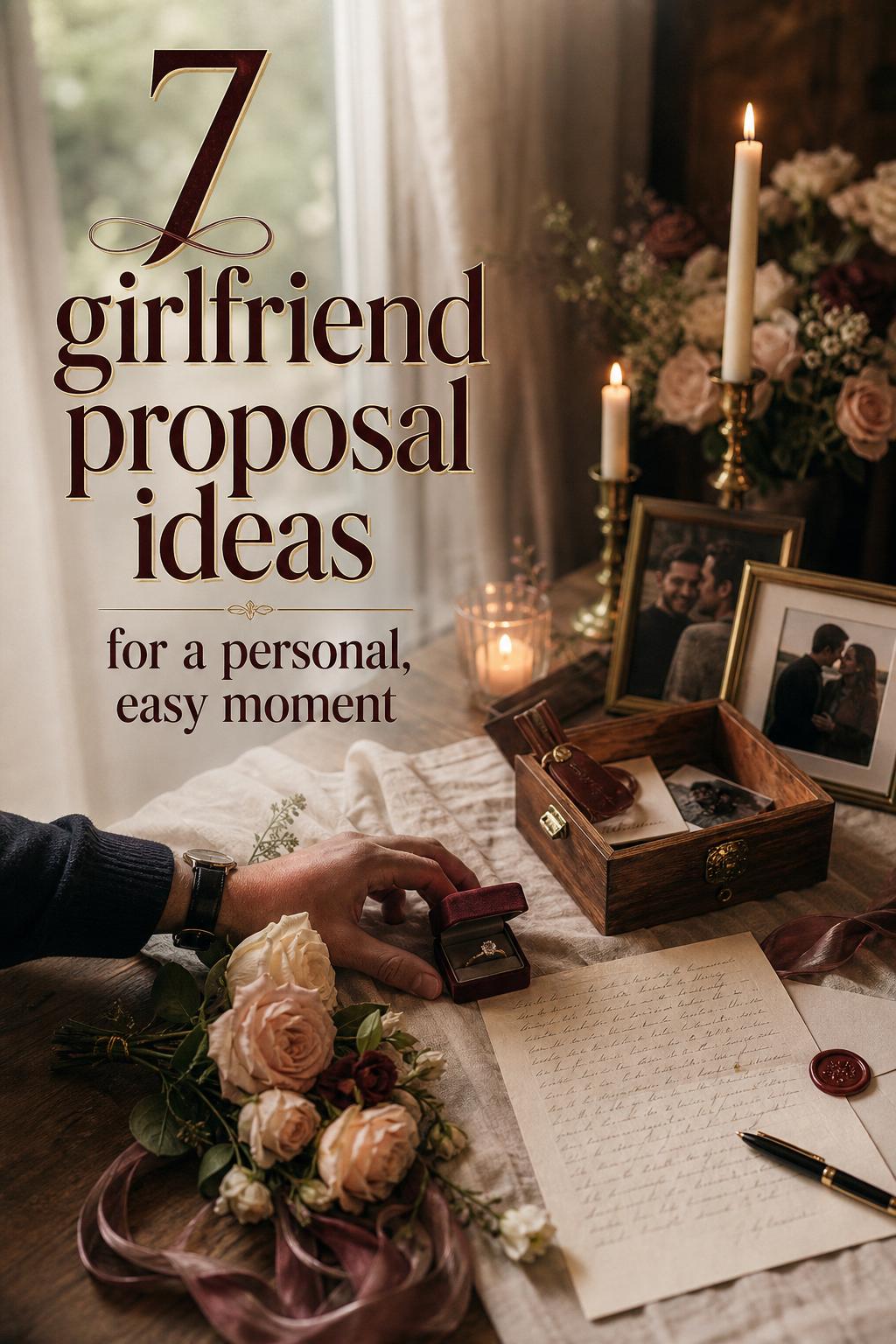 Girlfriend proposal ideas candlelit home setup with ring box, handwritten note, roses, framed photos, and warm window light