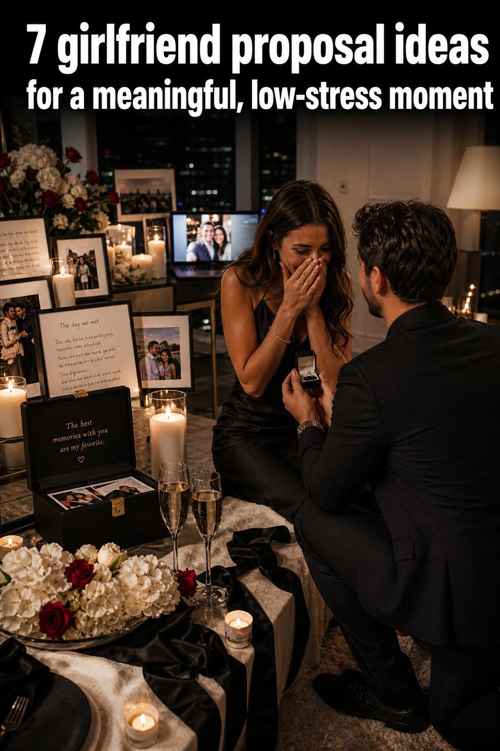 Romantic girlfriend proposal ideas with a candlelit rooftop dinner and engagement ring at sunset