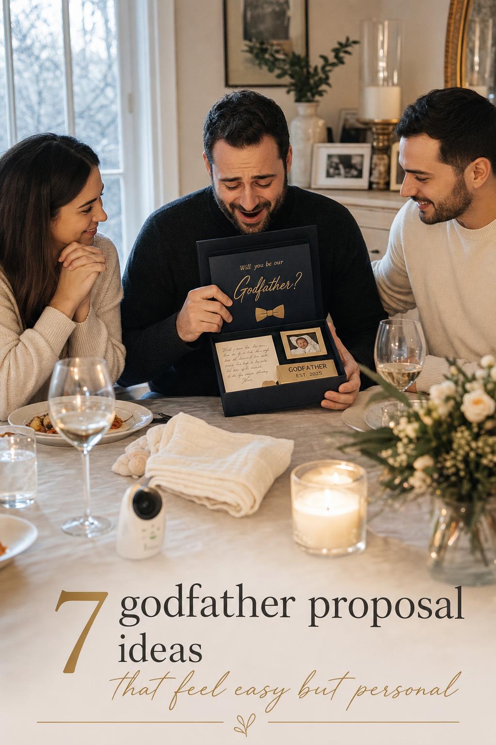 Godfather proposal ideas at a cozy family dinner as he opens a navy and gold keepsake box with baby photo and note