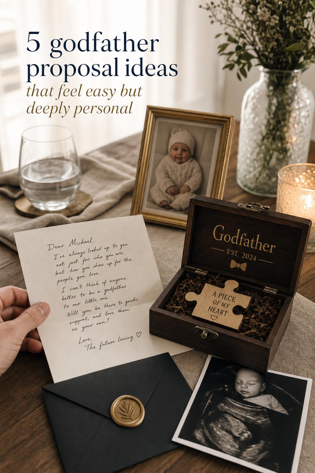 Cozy flat-lay of handwritten godfather card, keepsake box, baby photo and wax seal—godfather proposal ideas