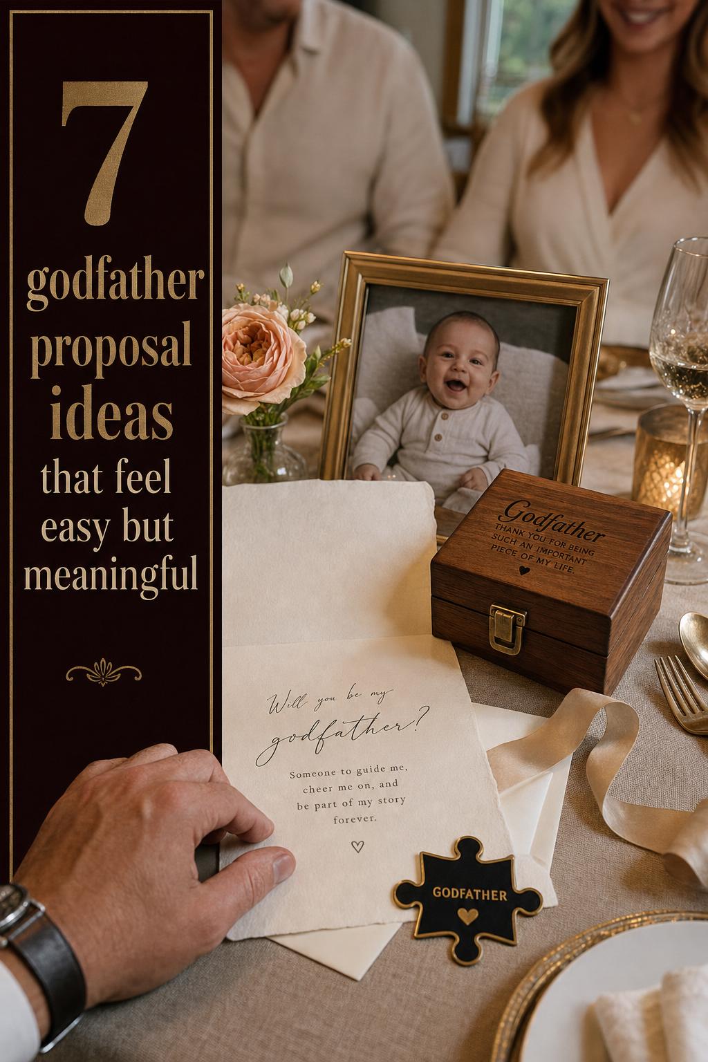 Godfather proposal ideas card on linen table with engraved keepsake box, baby photo, and warm candlelit dinner details