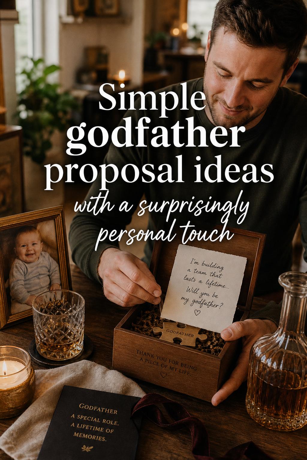 godfather proposal ideas: man opening keepsake box with handwritten card at cozy table, warm candlelight and baby photo