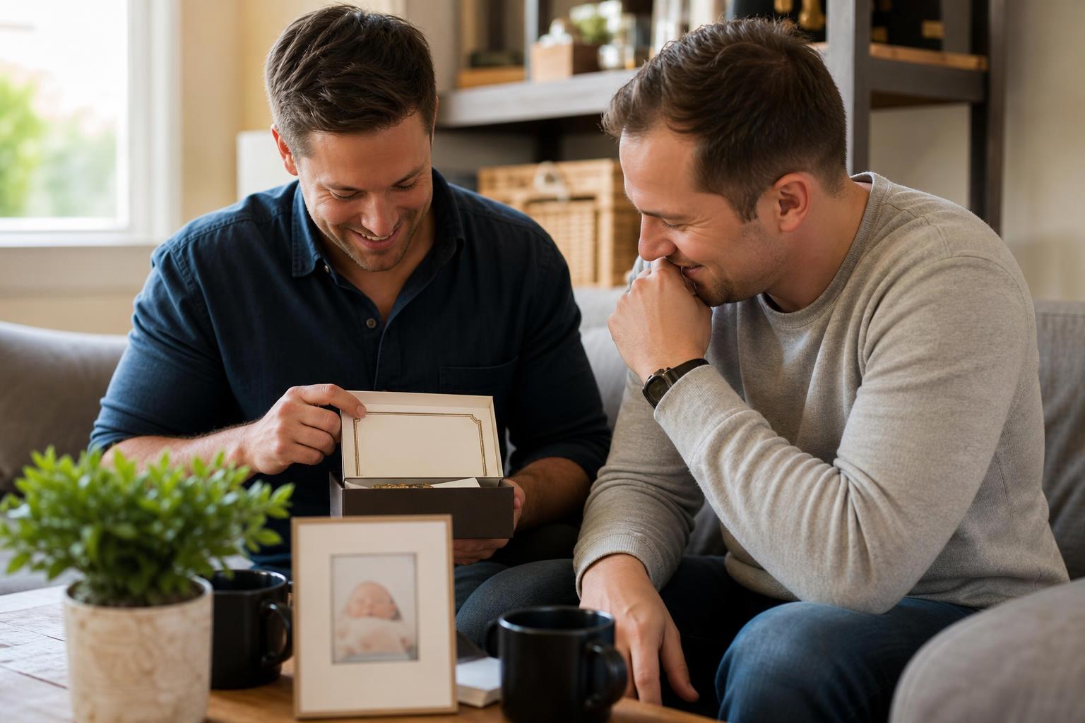 Godfather proposal ideas with a keepsake box, handwritten note, and baby photo on a wooden table