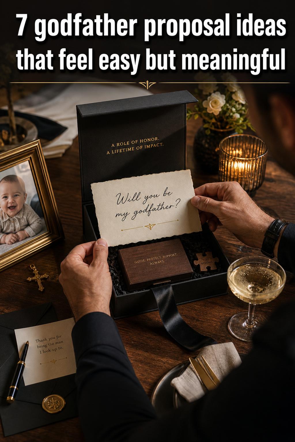 Godfather proposal ideas: a heartfelt note and baby shoes arranged on a wooden table in soft natural light