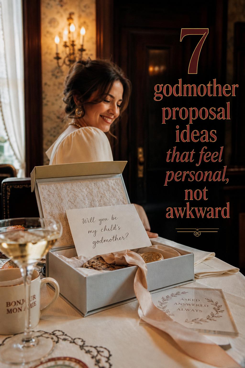 Godmother proposal ideas brunch-table reveal with keepsake box and handwritten card in a vintage hotel breakfast room