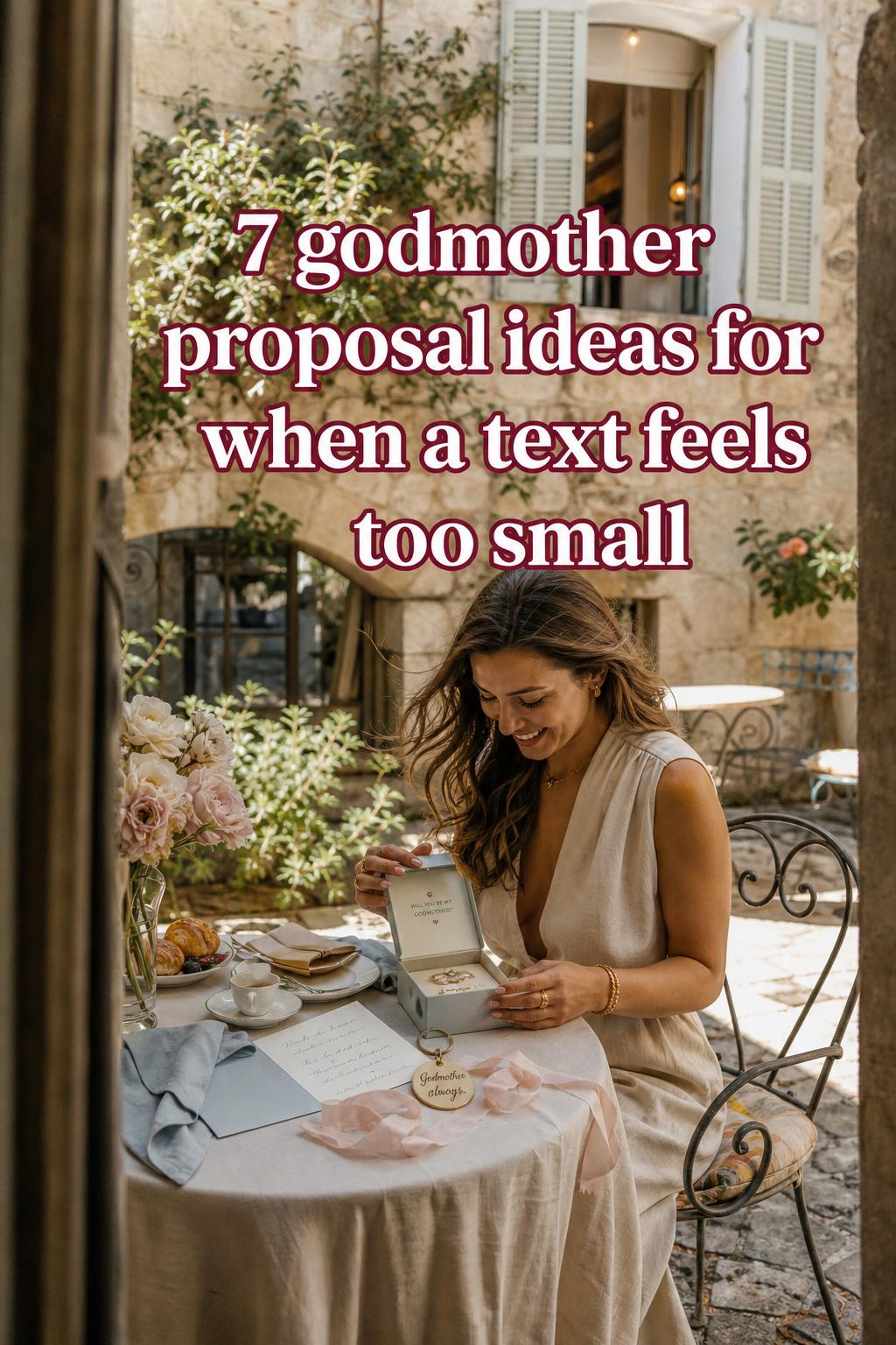 Godmother proposal ideas in a sunlit European hotel courtyard with proposal box, handwritten card, espresso cup and brunch table