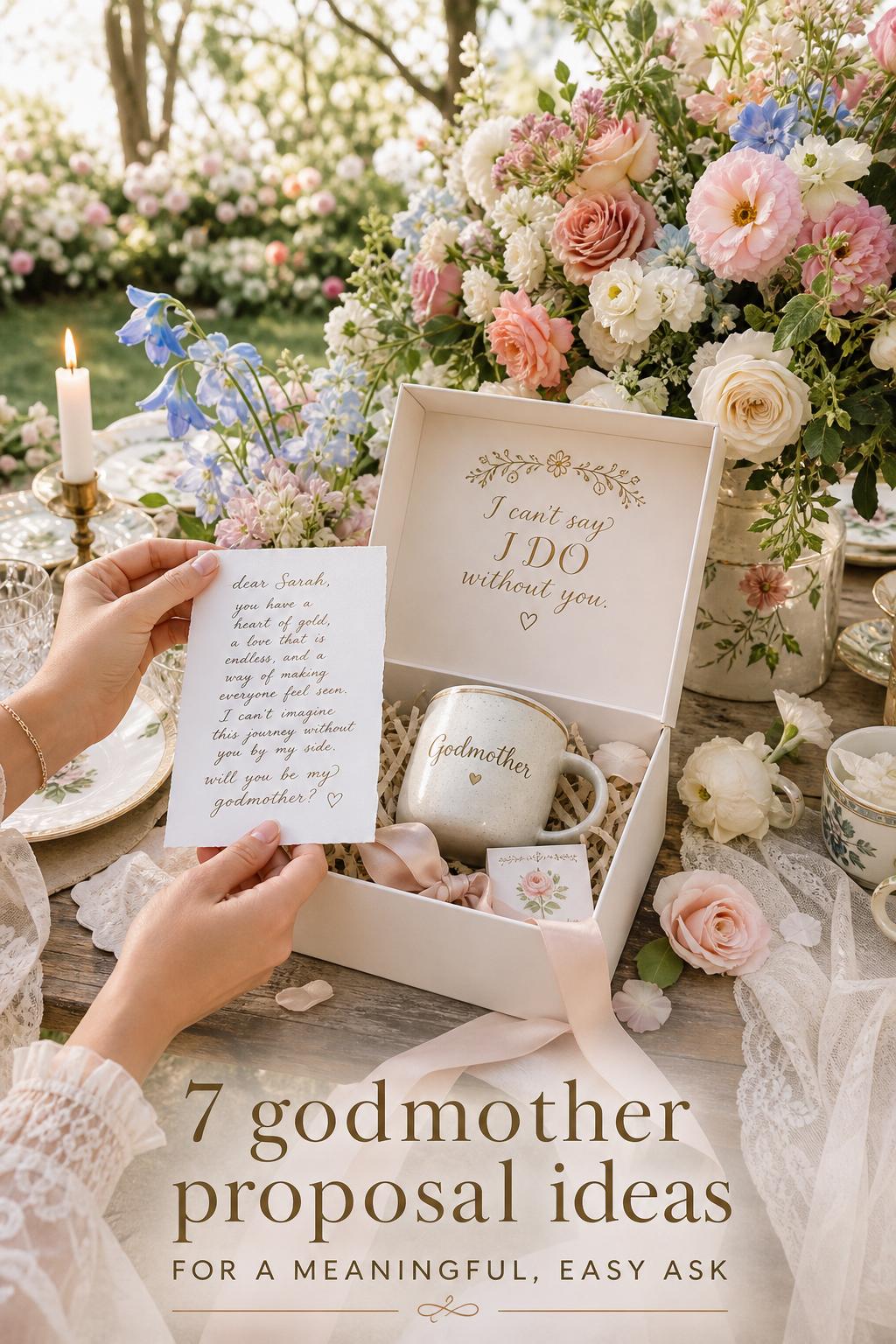 Godmother proposal ideas shown in a dreamy garden brunch scene with a proposal box, handwritten note, silk ribbon, and florals.