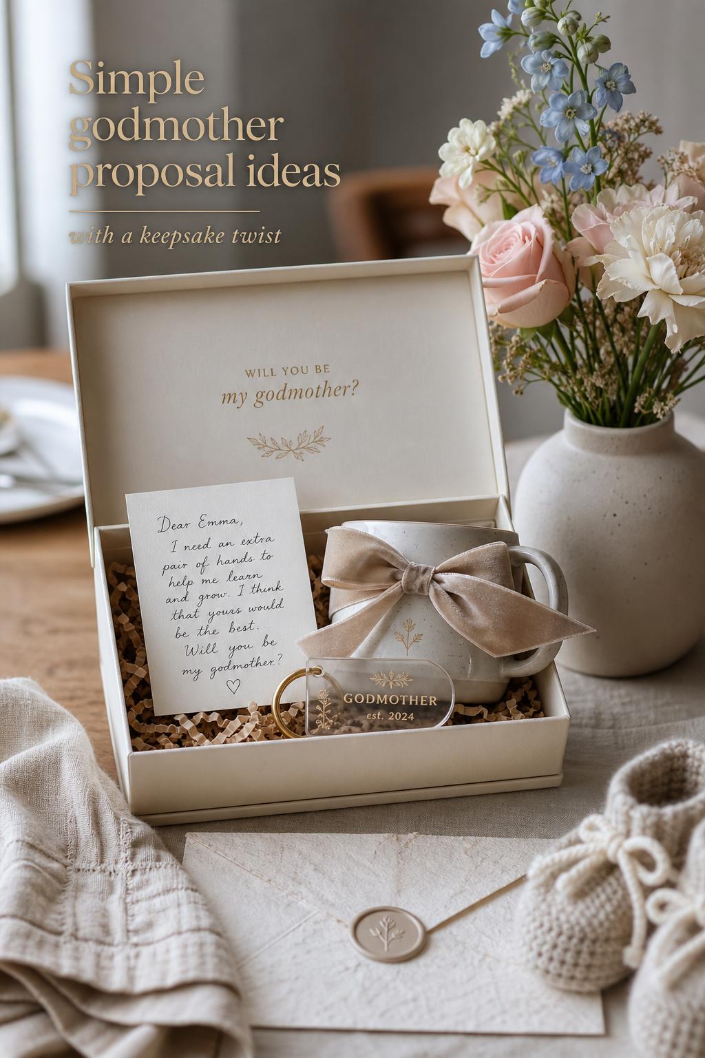 Godmother proposal ideas: keepsake box with handwritten card, ribbon-tied mug, florals, and baby booties on linen table
