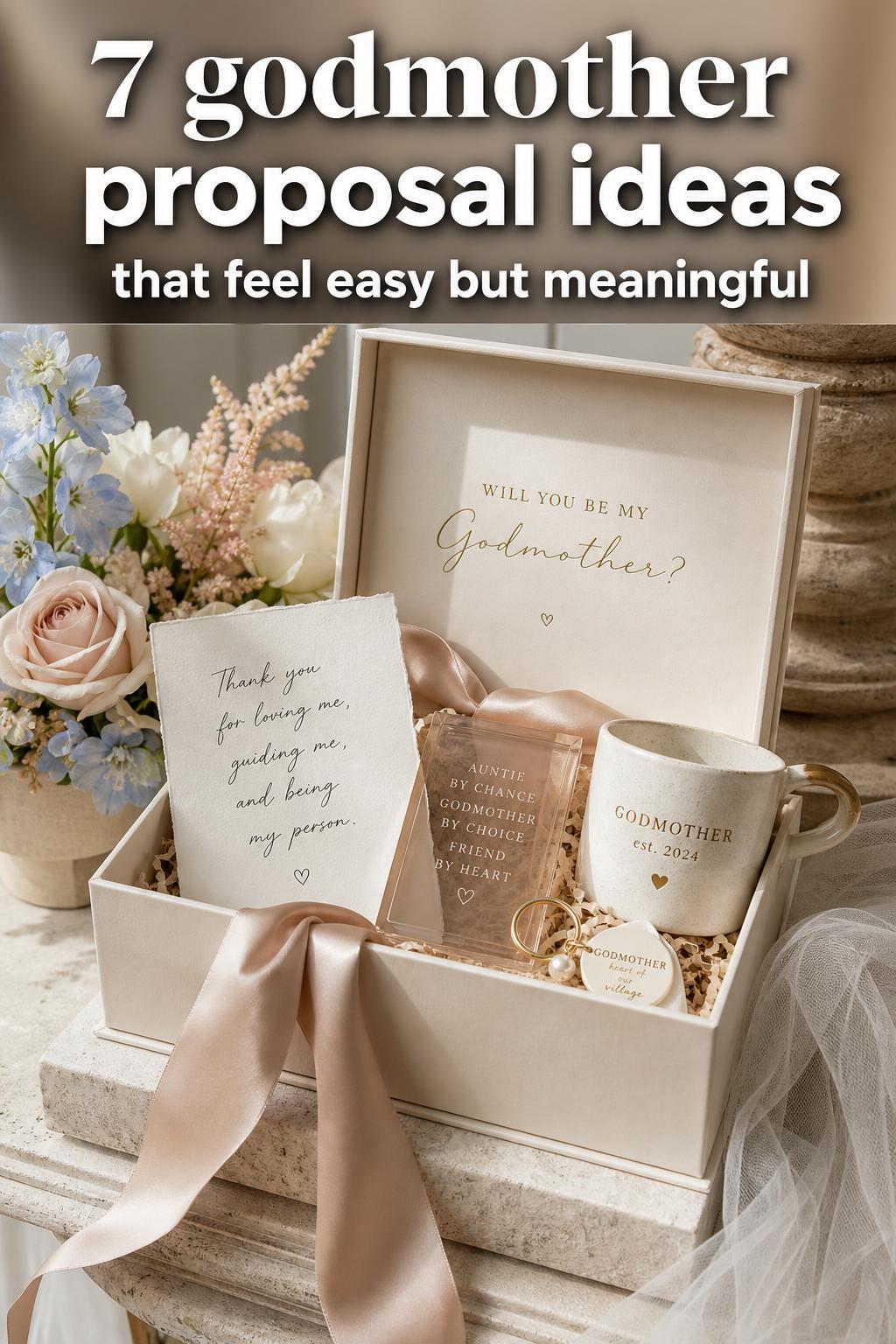 Godmother proposal ideas: a handwritten note and small gift box on a cozy table, ready to ask “Will you be my godmother?”