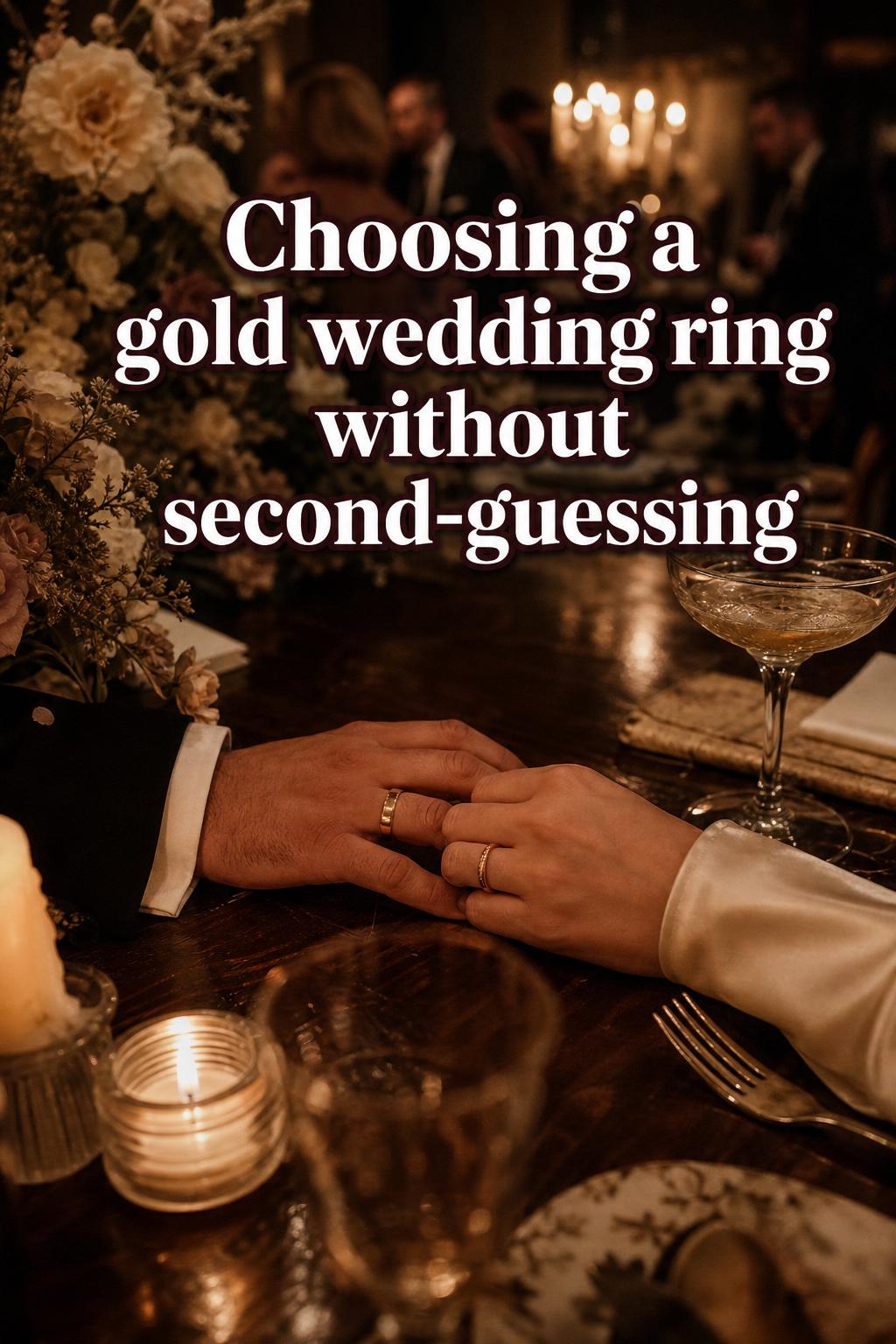 Gold wedding ring on candlelit reception table with two hands resting on polished dark wood, cinematic luxury wedding mood
