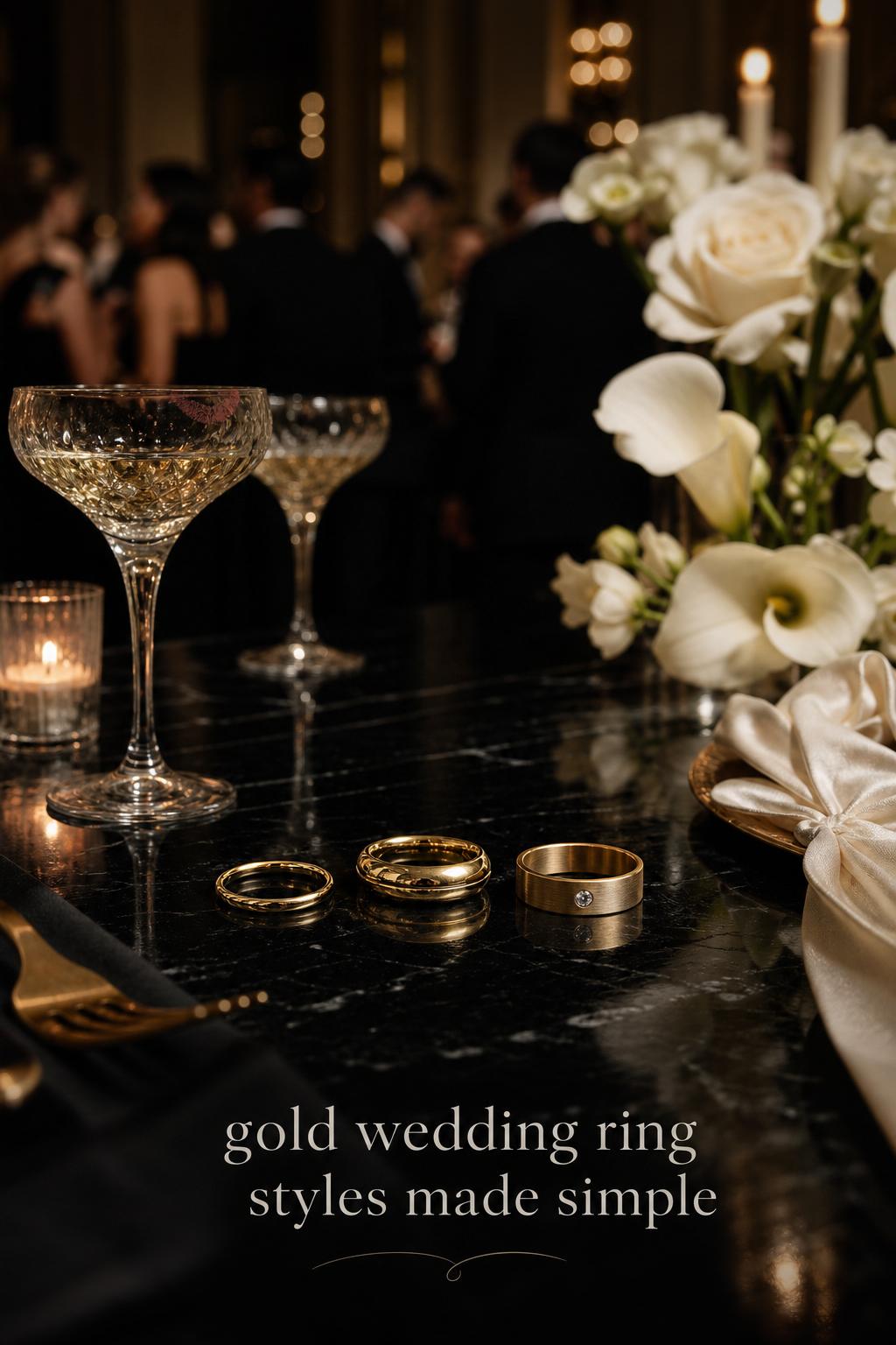 Gold wedding ring styles on black marble table with champagne glasses and candlelit black tie wedding ambiance