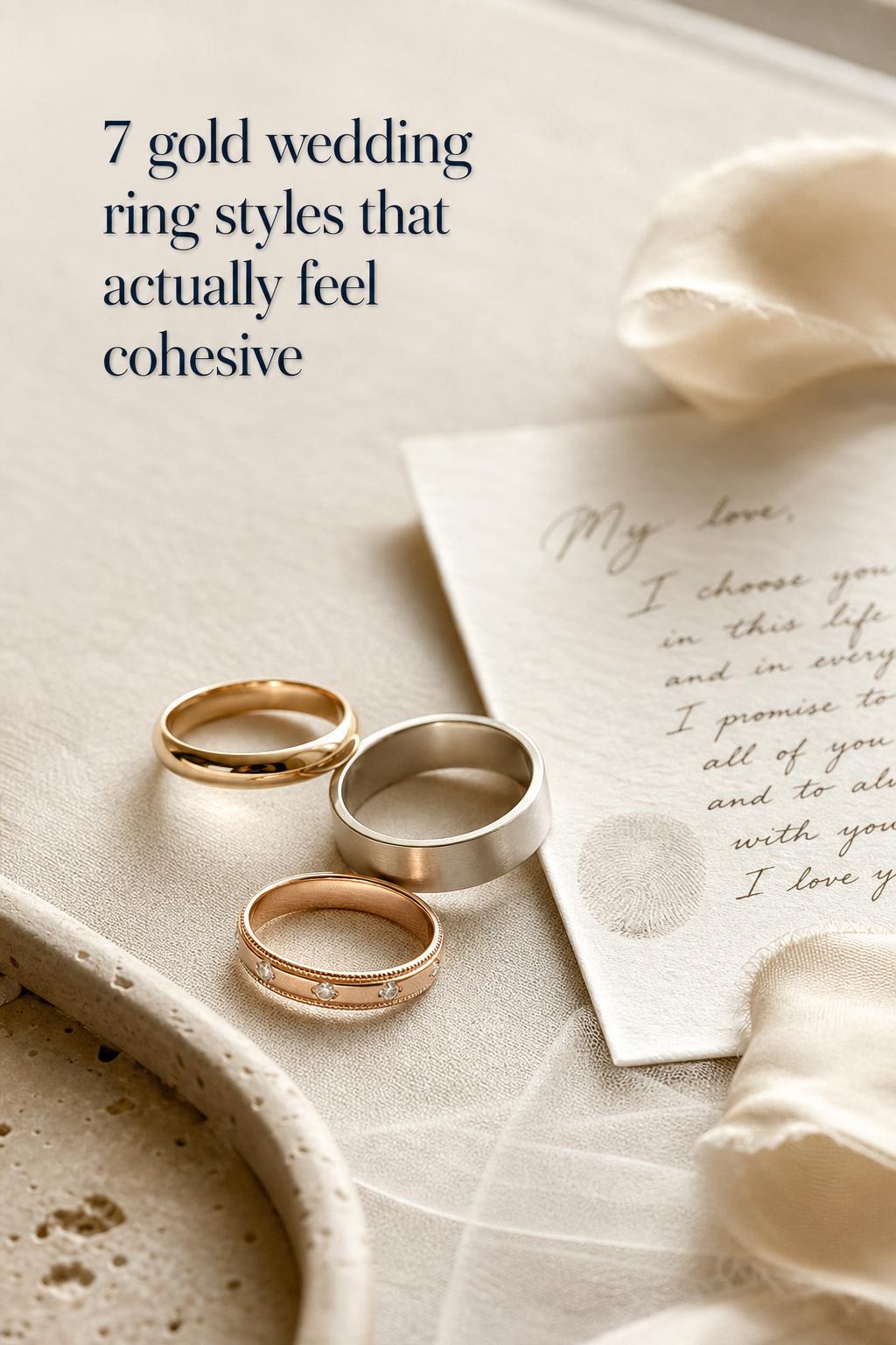 Gold wedding ring editorial still life with three bands on cream linen, vow card and silk ribbon in warm window light