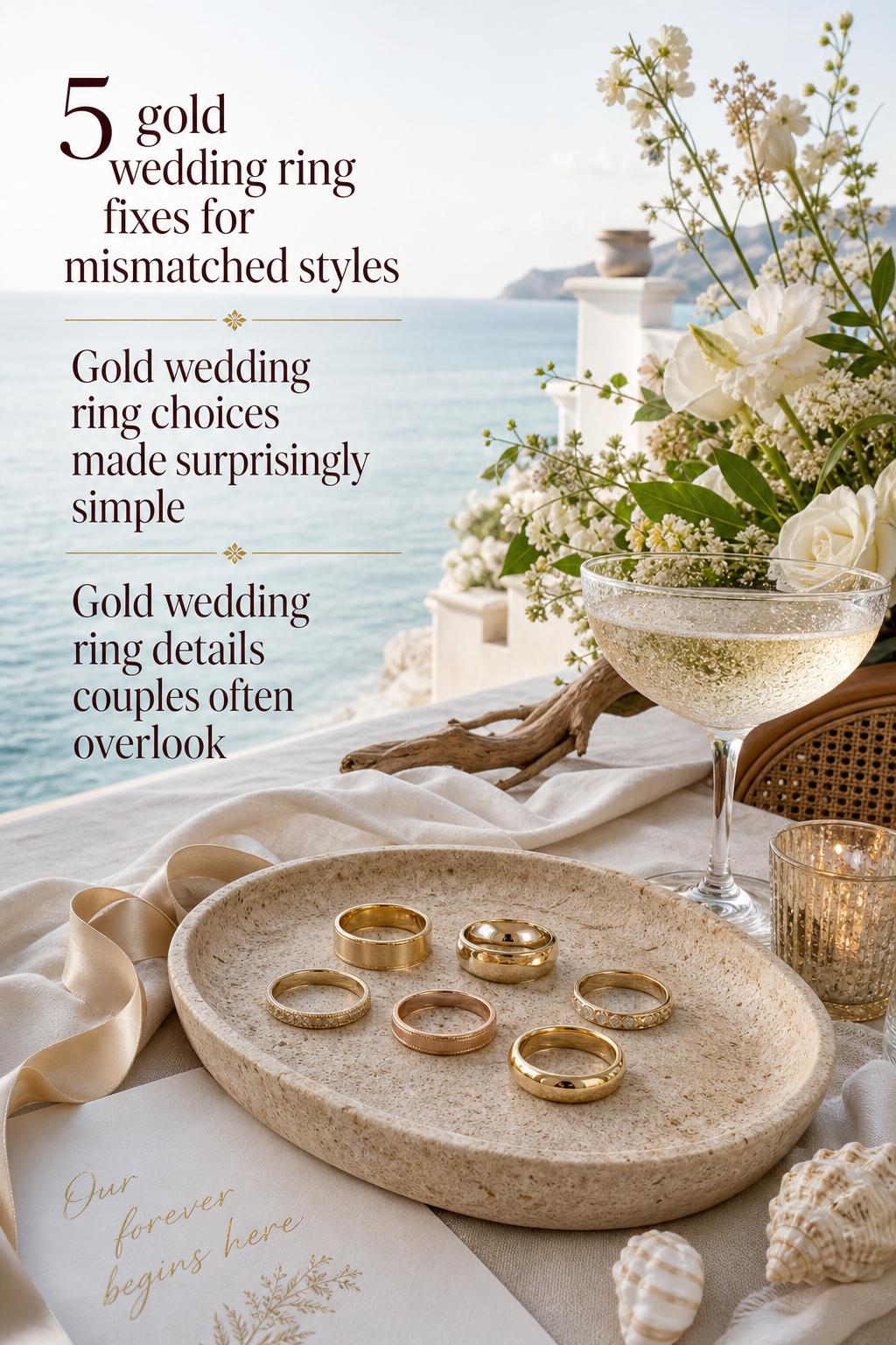 Gold wedding ring styling on a stone tray at an oceanfront luxury wedding table with champagne coupe and airy coastal light