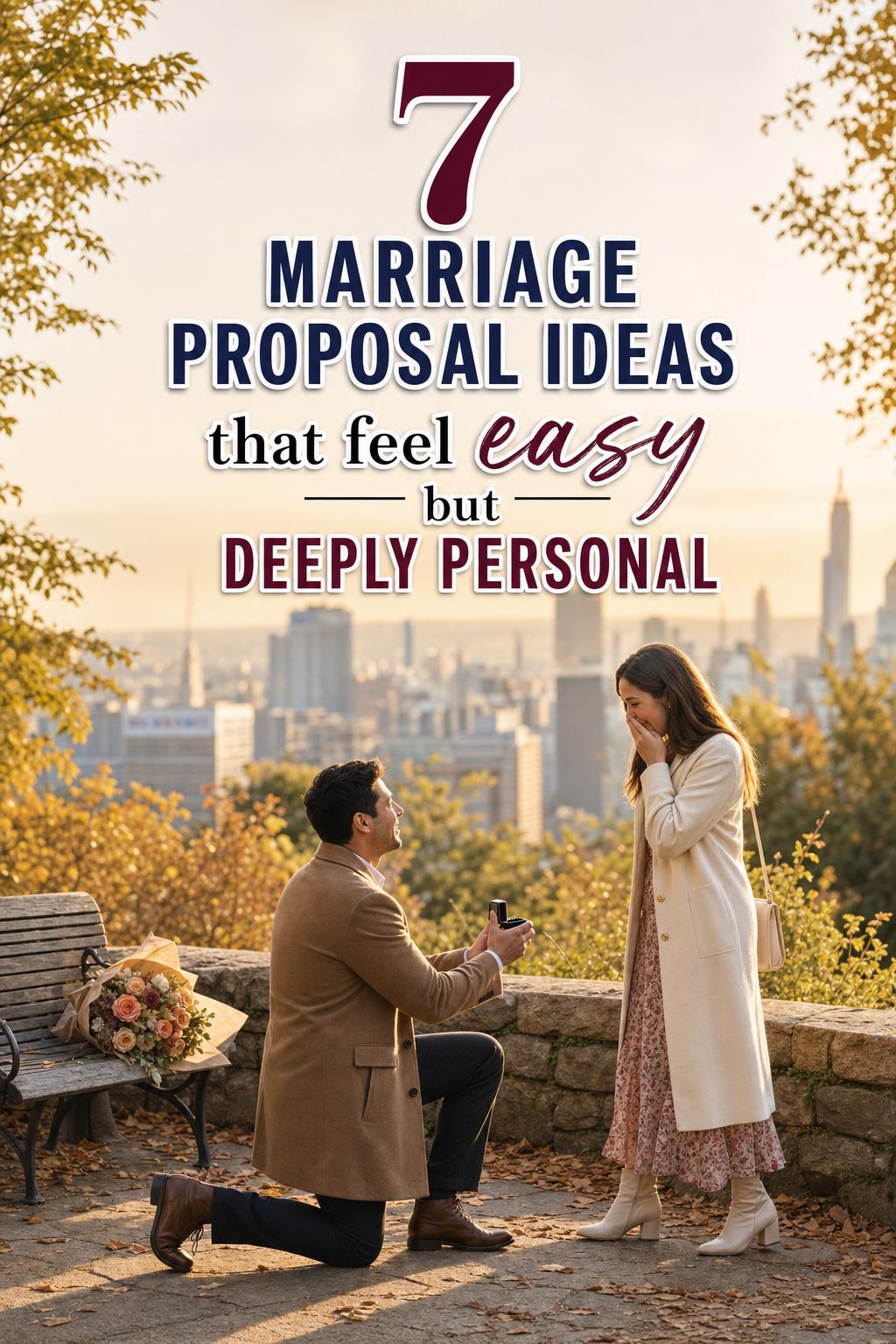 Golden-hour garden overlook proposal with kneeling partner and city skyline, showcasing marriage proposal ideas in a warm candid moment