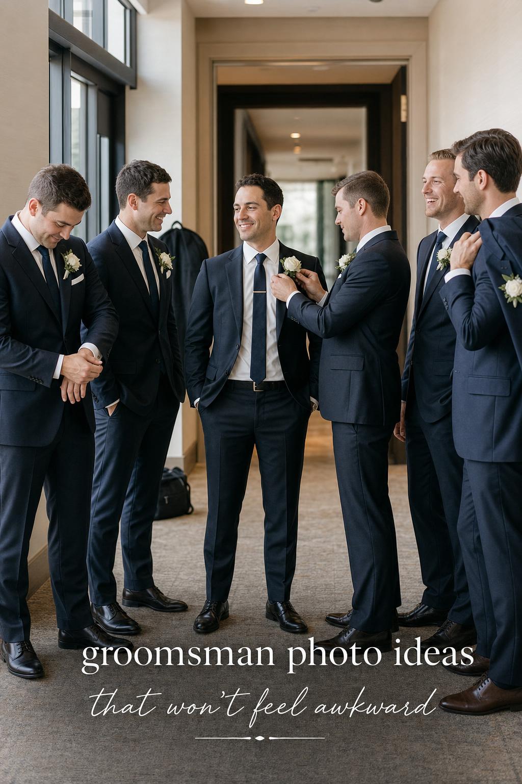 Groomsman photo ideas: groom and five groomsmen in suits sharing a candid hotel hallway moment by window light