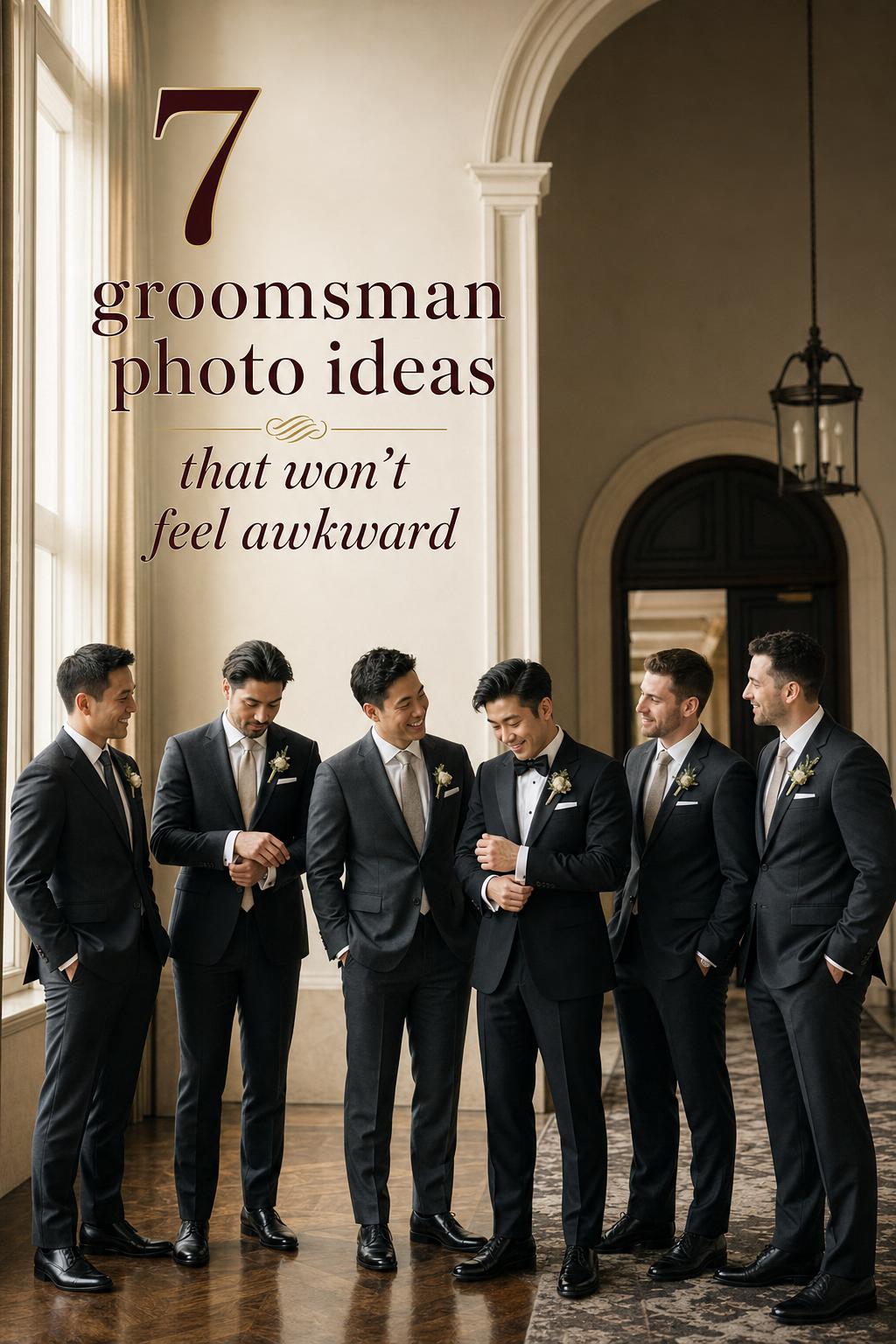 Groom with five groomsmen in coordinated suits in a historic hotel hallway, showcasing groomsman photo ideas