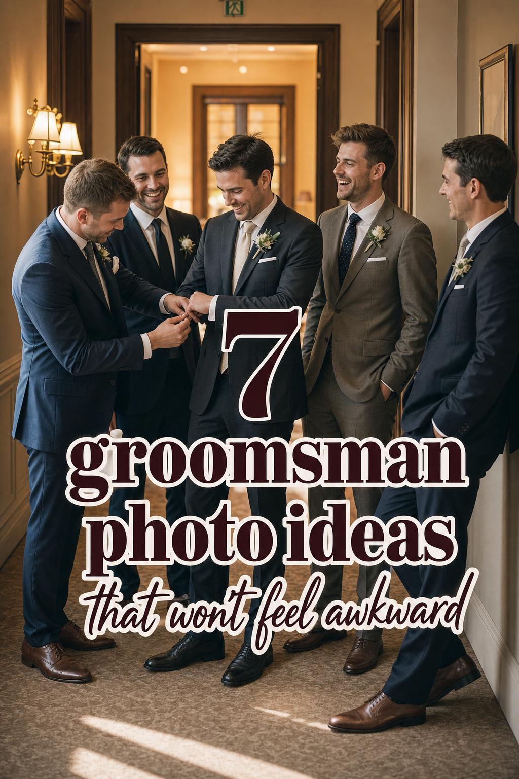 Groom with groomsmen laughing in a hotel hallway before the ceremony, showcasing groomsman photo ideas with warm suits