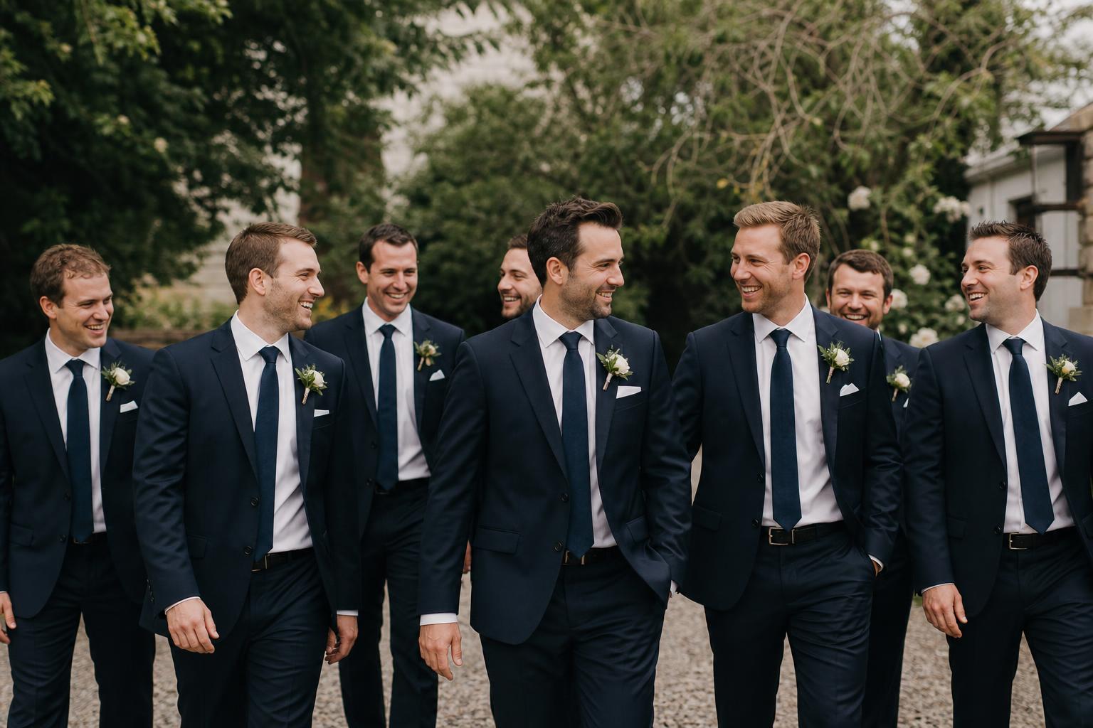 Groomsman photo ideas with groom and groomsmen in suits walking naturally at an elegant wedding venue