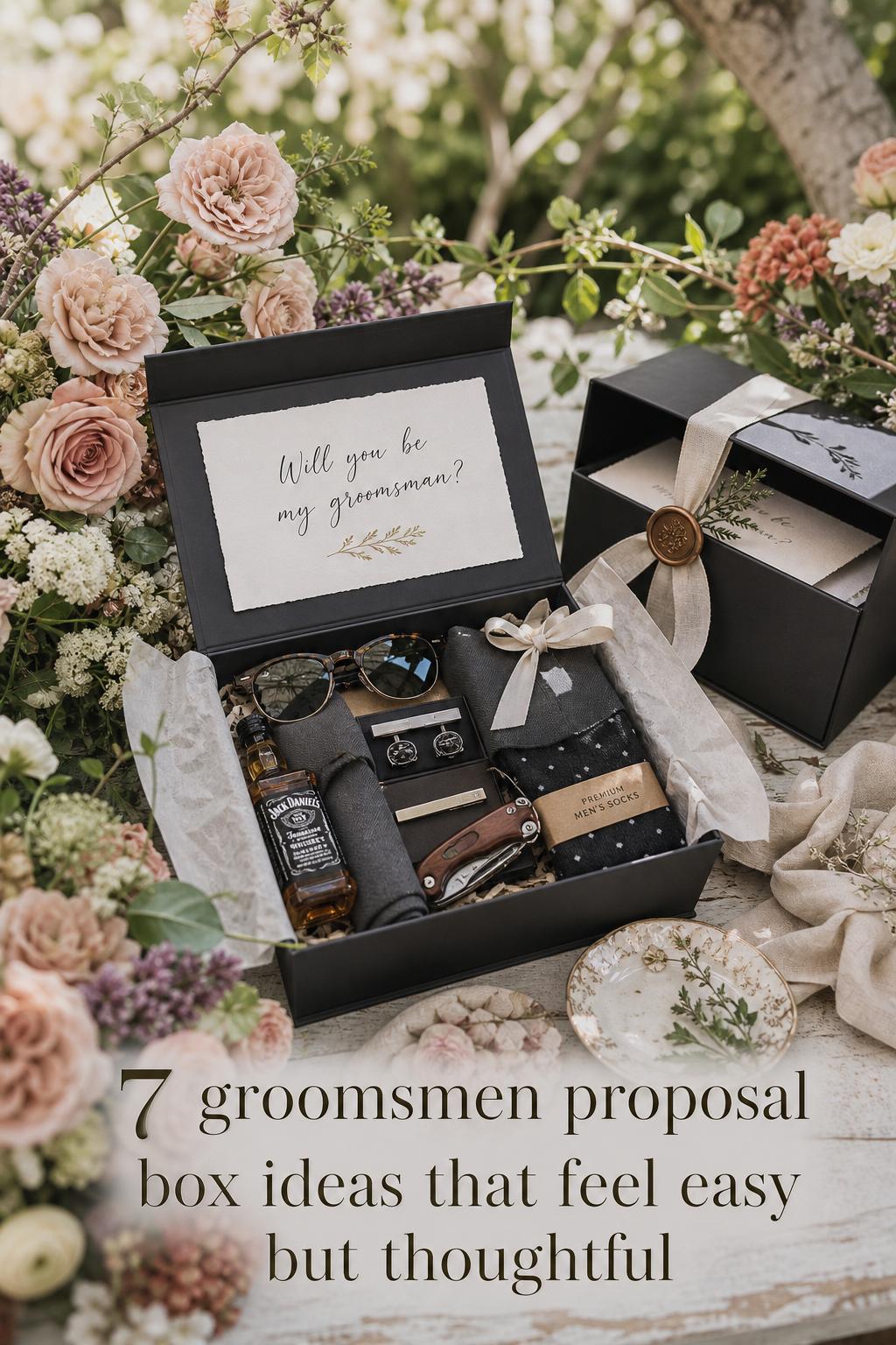 Groomsmen proposal box ideas flat lay on antique garden table with open gift box, card, cufflinks, and florals