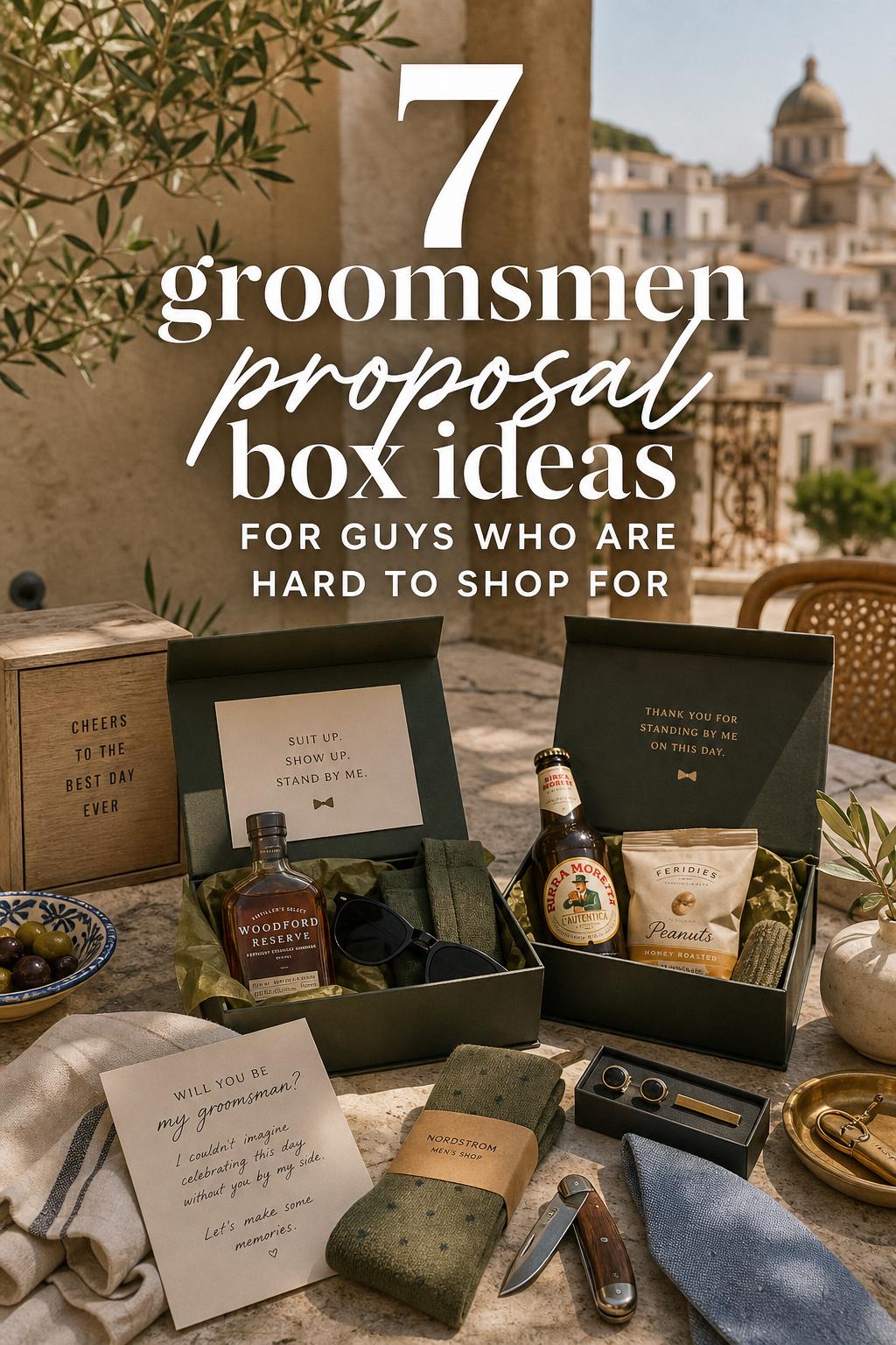 Groomsmen proposal box ideas on a sunlit Southern Europe hotel terrace with luxury gift boxes, card, socks, and whiskey.