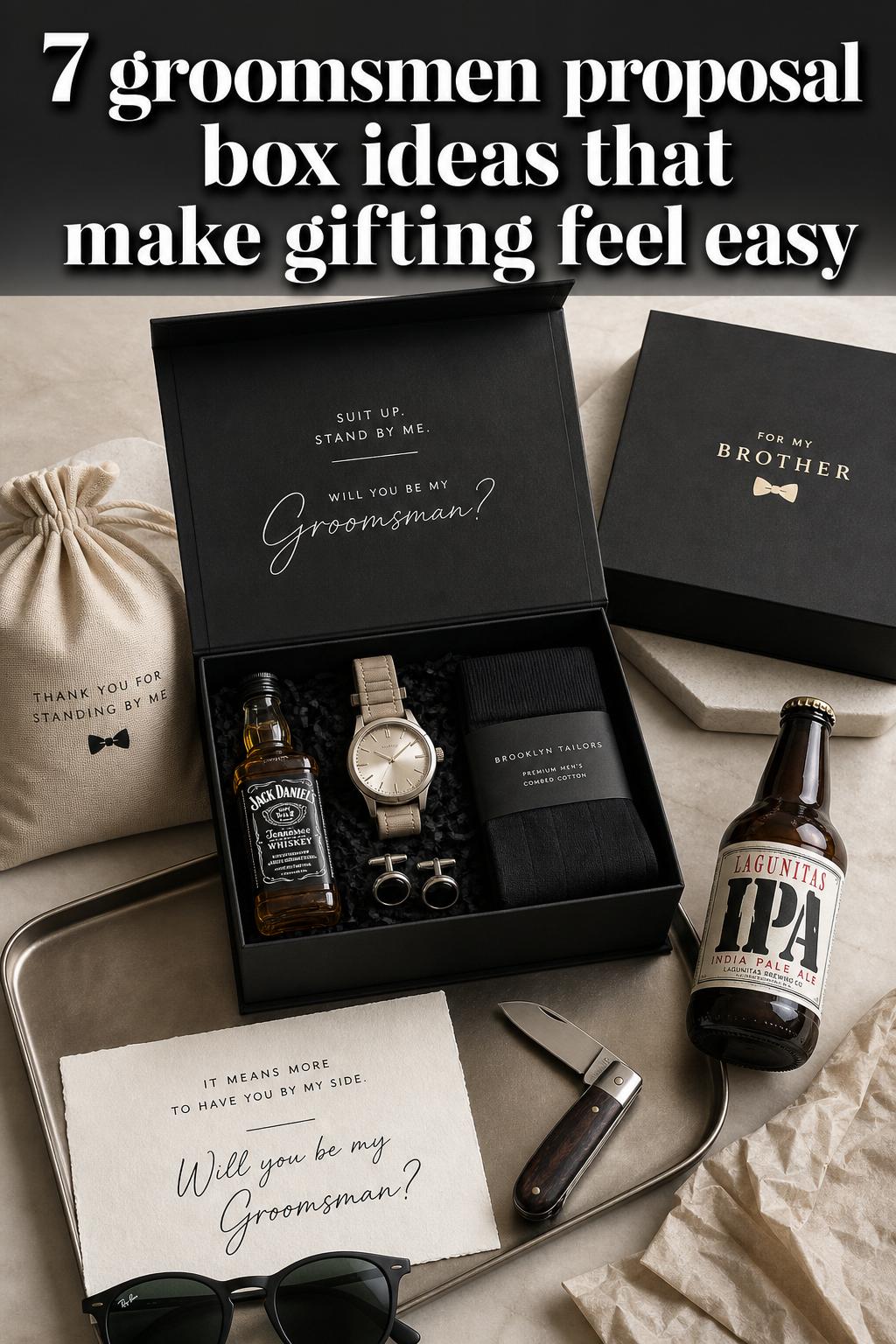 Groomsmen proposal box ideas featuring a whiskey glass, tie, watch, and personalized note on a wooden table