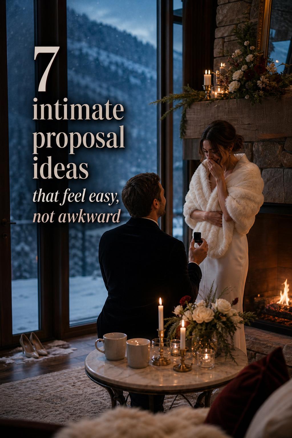 Intimate proposal ideas: candlelit alpine suite proposal by stone fireplace with snowy blue-hour mountain view