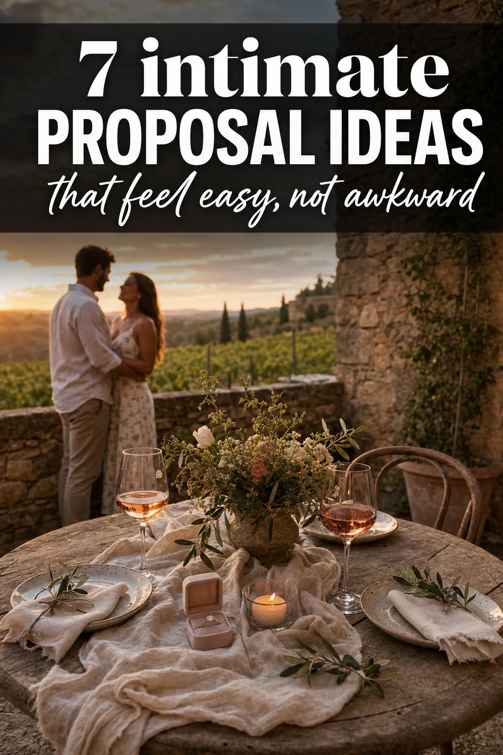 Couple sharing an intimate proposal idea by candlelight on a cozy balcony at sunset, close-up of hands and ring