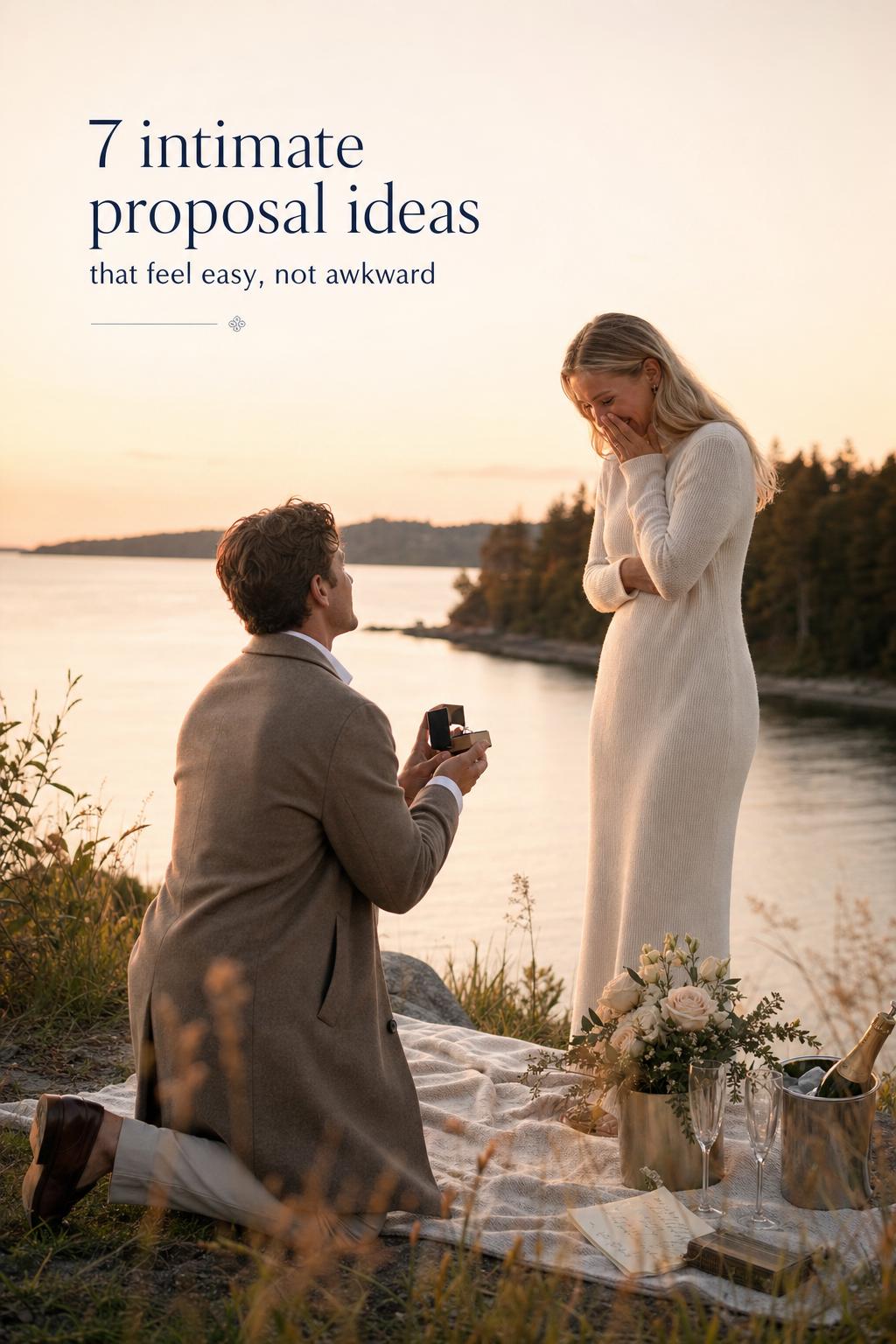 Intimate proposal ideas: candid lakeside golden hour proposal with kneeling partner on picnic blanket, warm sunset light