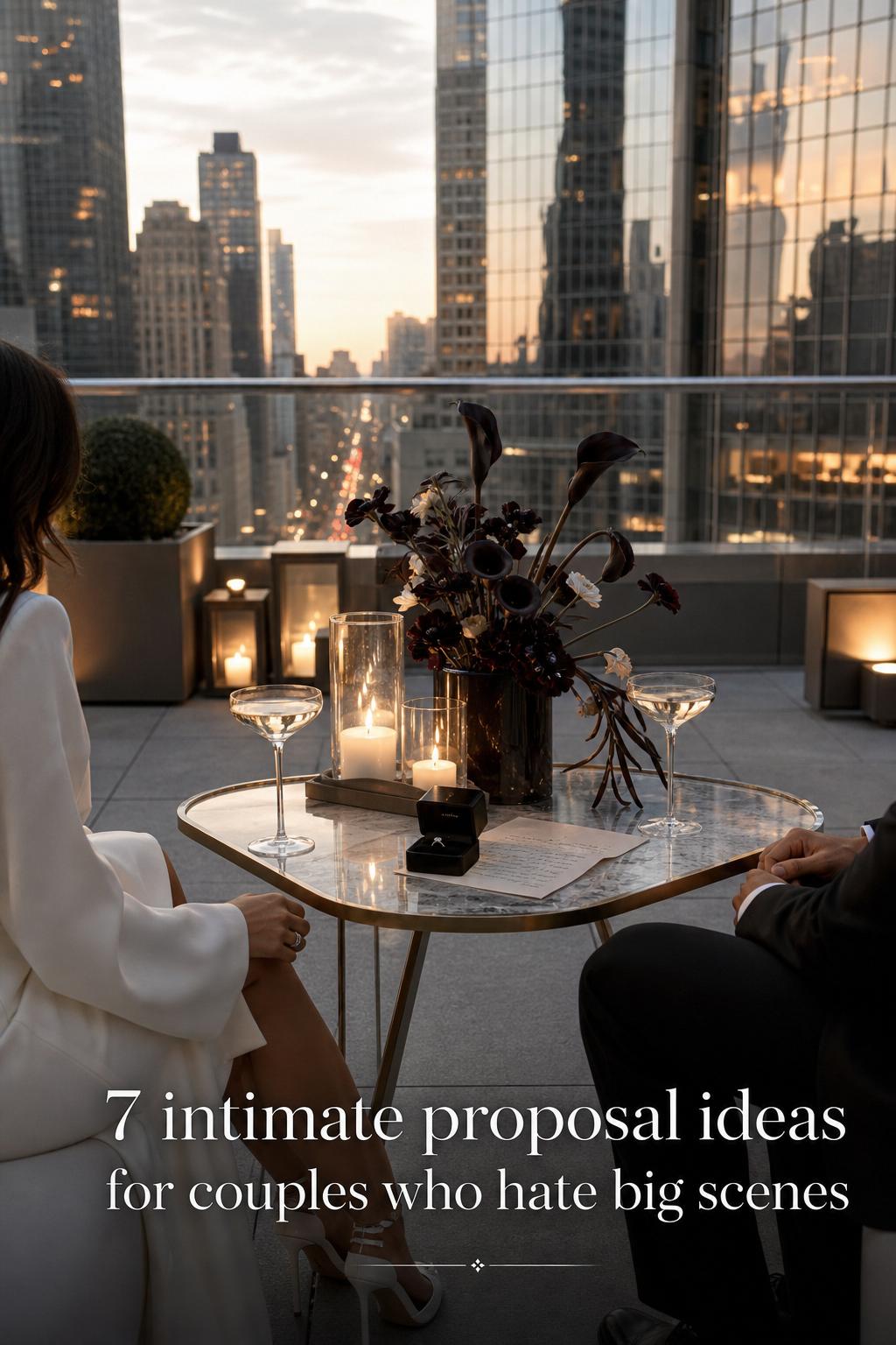Intimate proposal ideas on a luxury rooftop at golden hour with a table for two, candles, champagne, and ring box.