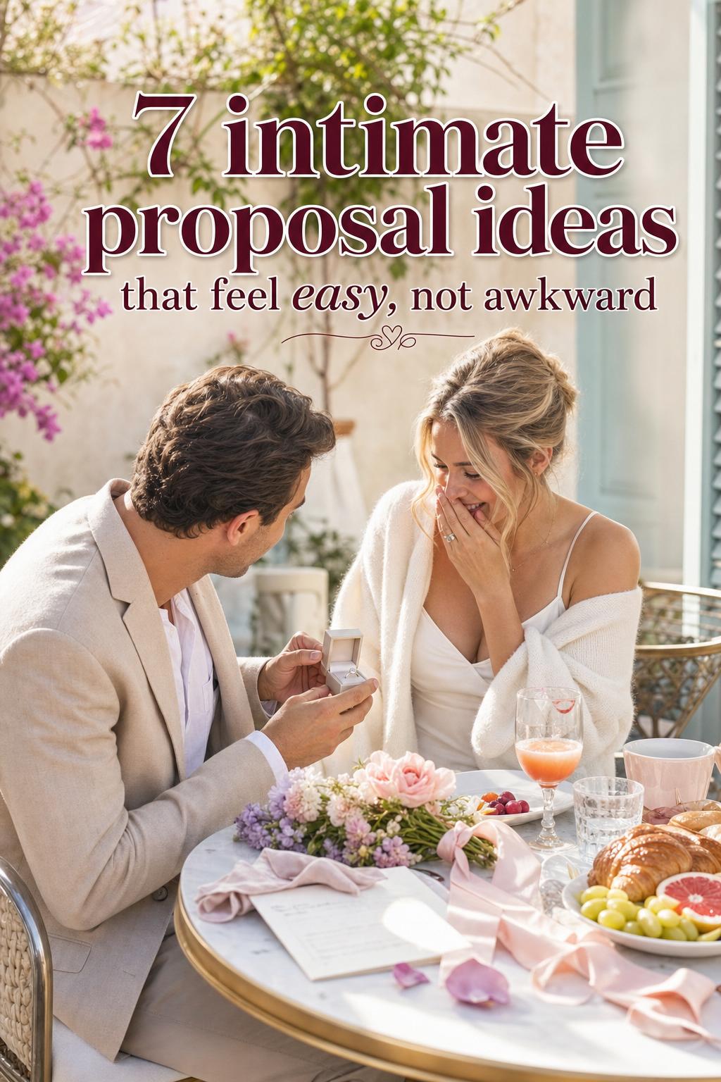 Intimate proposal ideas: couple sharing a quiet morning patio proposal at a pastel breakfast table in golden light