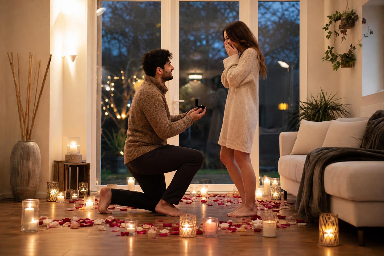Intimate proposal ideas with a couple sharing a quiet candlelit moment at home as an engagement ring is revealed