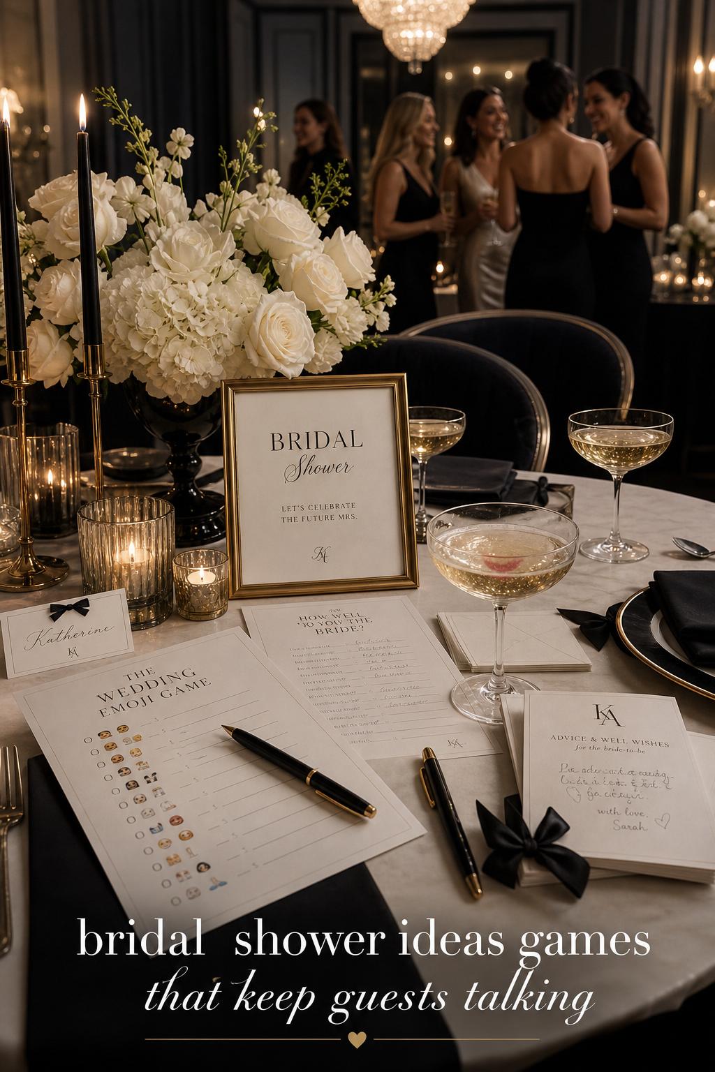 Luxury black-tie tabletop with printable cards and champagne for bridal shower ideas games, candlelit private dining room