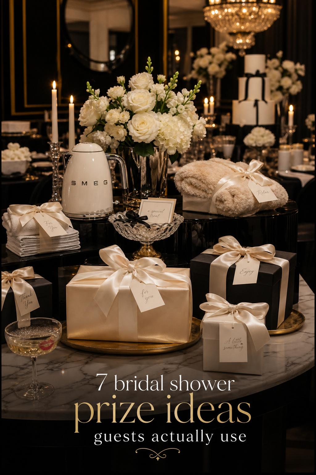 Luxury black-tie prize table with wrapped gifts and candles, showcasing bridal shower prize ideas in an elegant ballroom setting