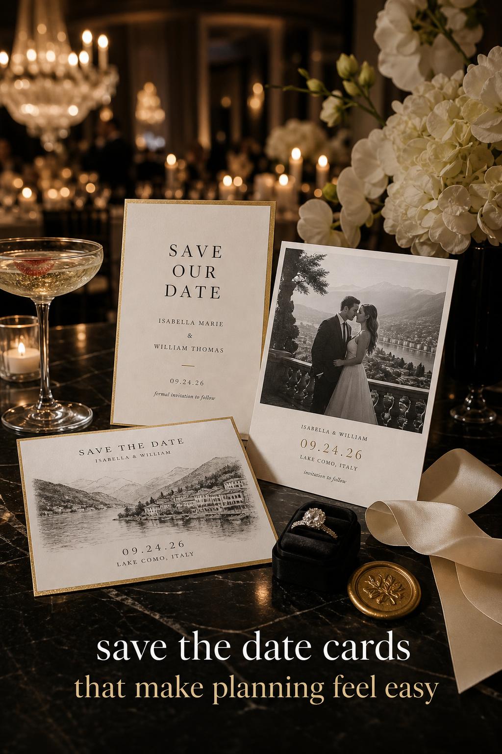 Luxury save the date cards on black marble with champagne coupe, wax seal, ribbon, and candlelit black tie wedding styling