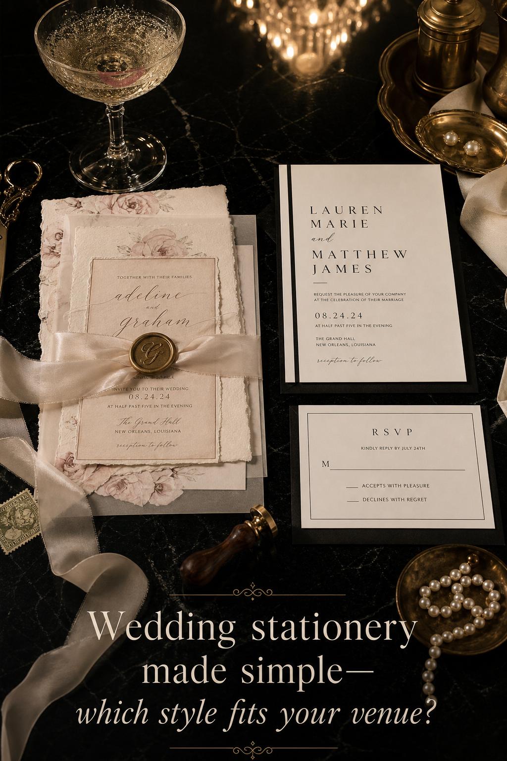 Luxury black tie wedding stationery flat lay on black marble, comparing romantic vellum suite and modern minimalist suite