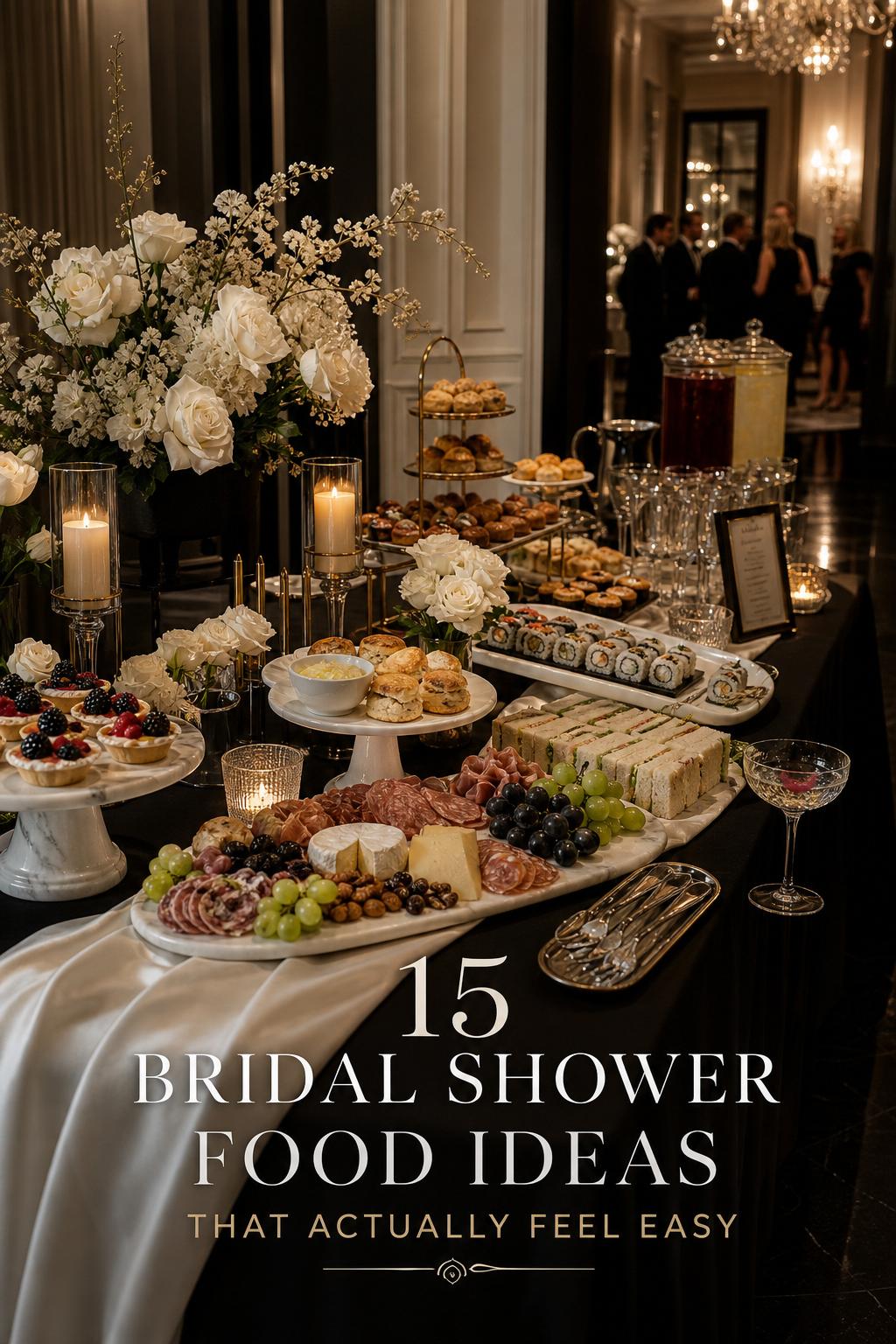 Luxury grazing table with elevated bridal shower food ideas in a black-tie venue, candlelight and chandelier glow