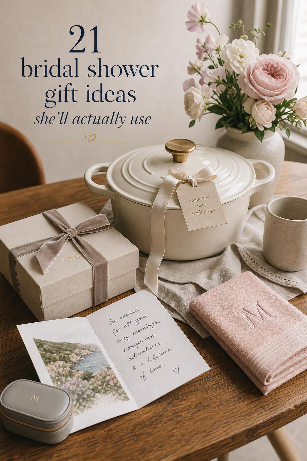 Bridal shower gift ideas: luxury gift set with ivory Dutch oven, silk ribbon, roses, linen napkin on wood table in window light