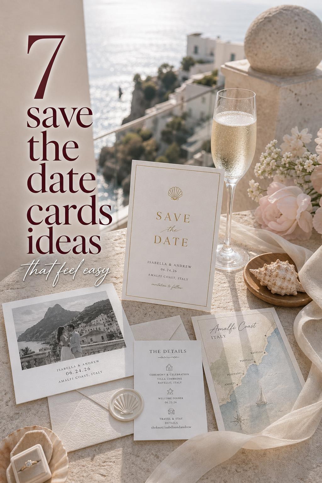 Luxury coastal flat-lay of save the date cards on sunlit travertine terrace with champagne, shells, florals and ocean-view resort