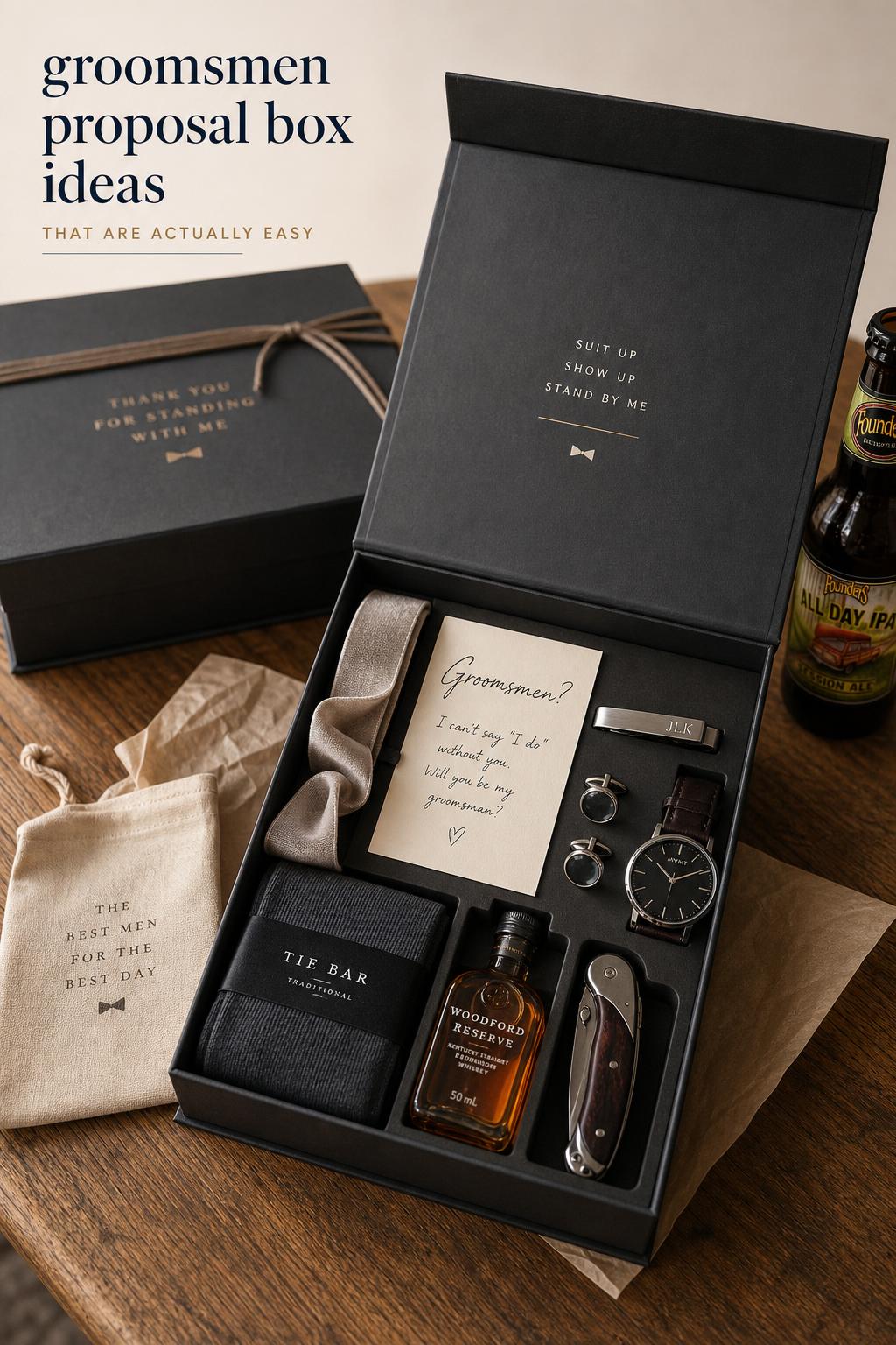 Luxury flat lay of a charcoal gift box with card, cufflinks and whiskey for groomsmen proposal box ideas