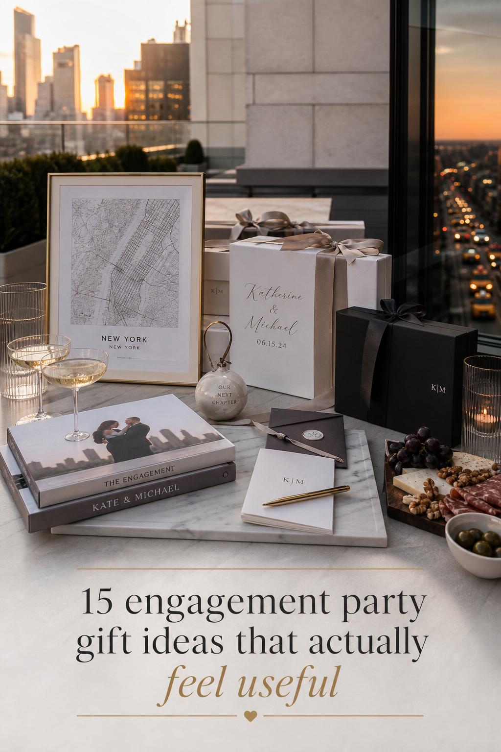 Luxury hotel rooftop gift table at golden hour with curated engagement party gift ideas and city skyline reflections