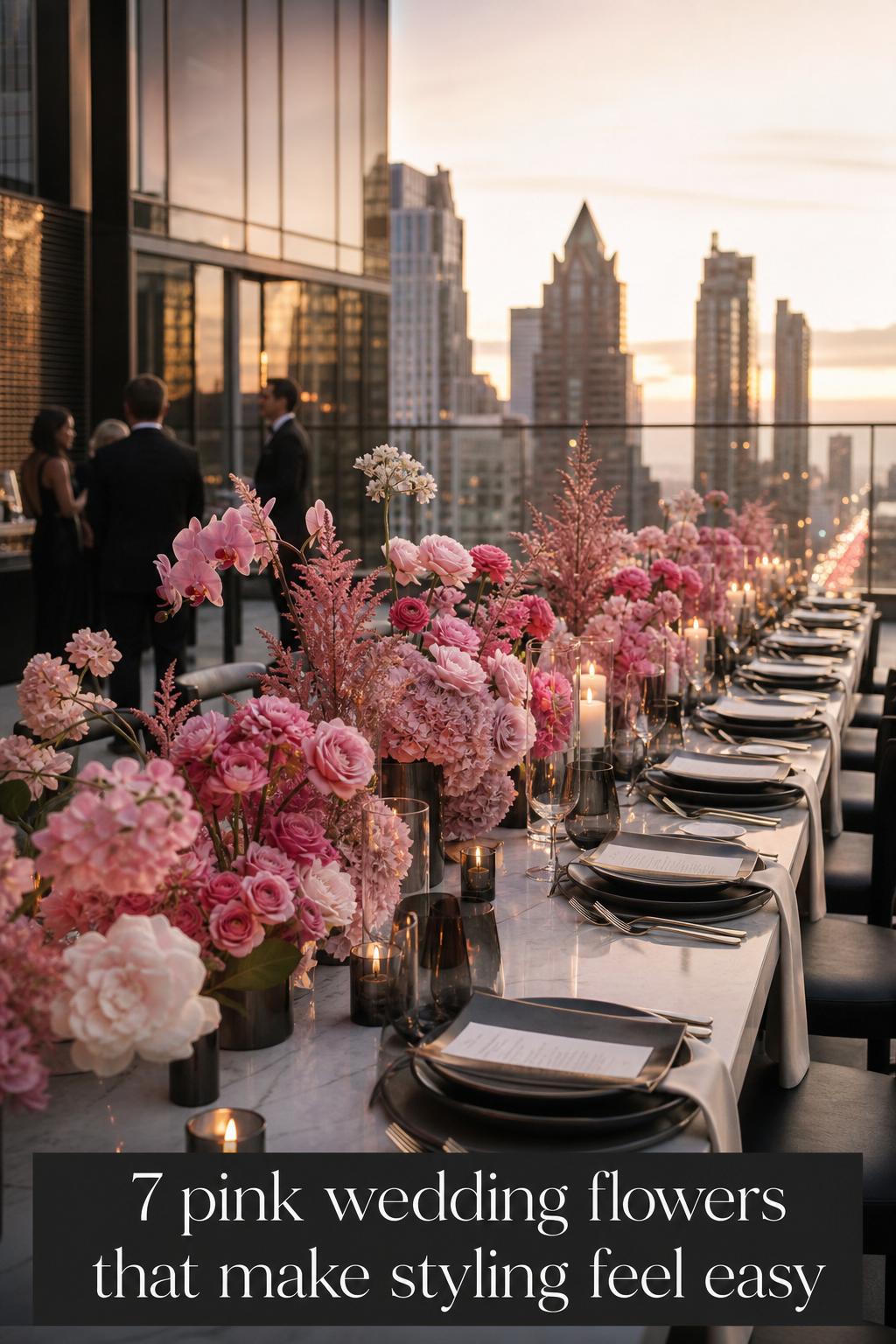 Luxury rooftop tablescape with pink wedding flowers at sunset, modern city skyline, elegant editorial wedding reception decor