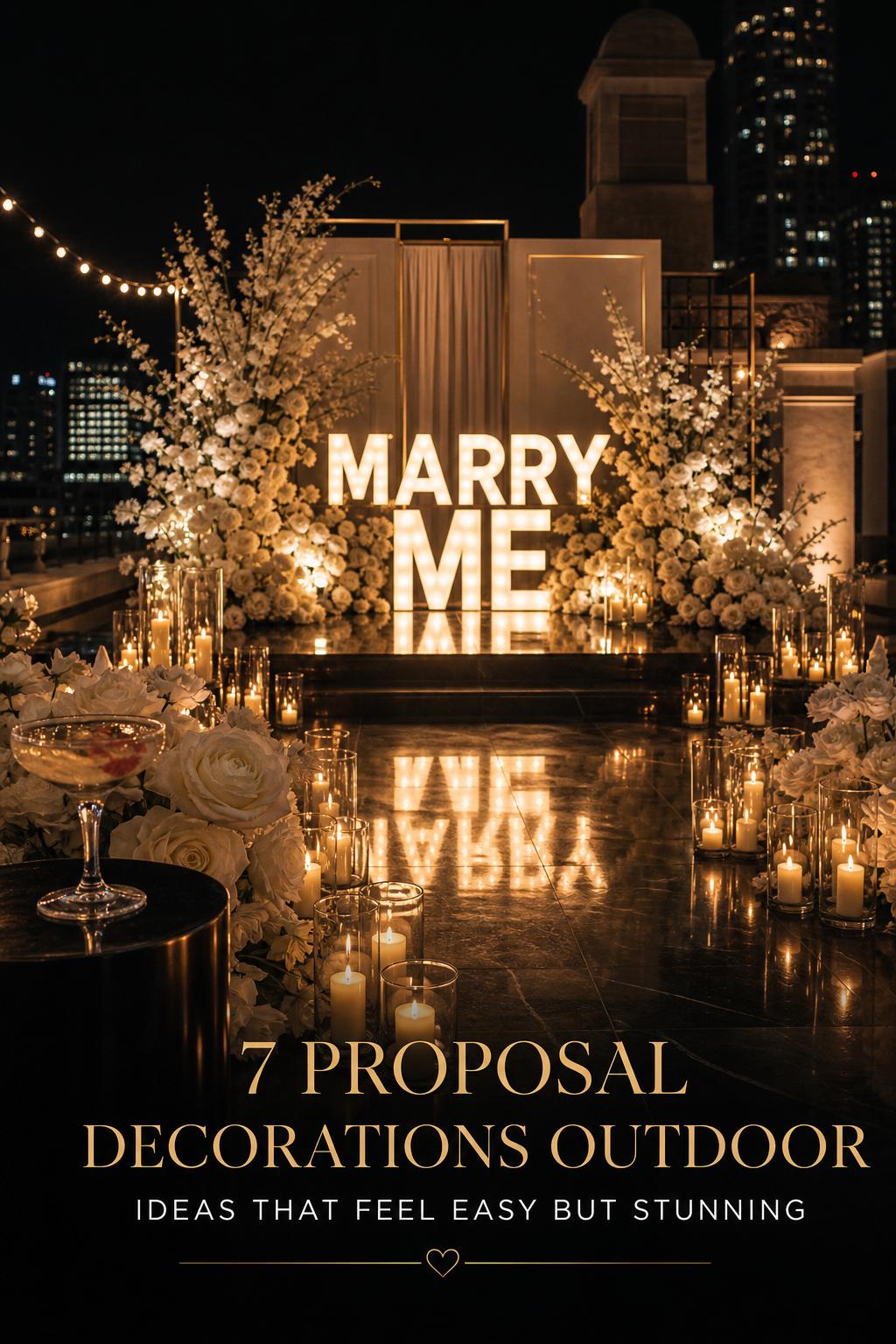 Luxury rooftop proposal decorations outdoor with glowing MARRY ME letters, ivory florals, candlelit aisle, and champagne coupe