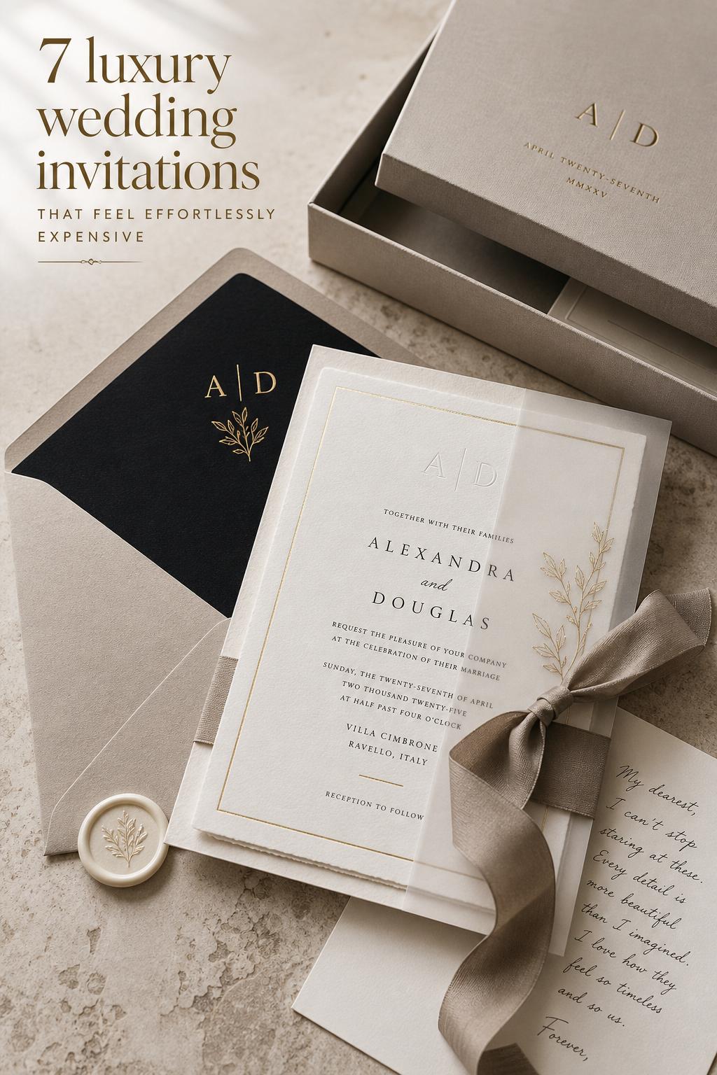 Luxury wedding invitations suite with vellum, gold foil, wax seal and taupe ribbon on limestone in soft window light
